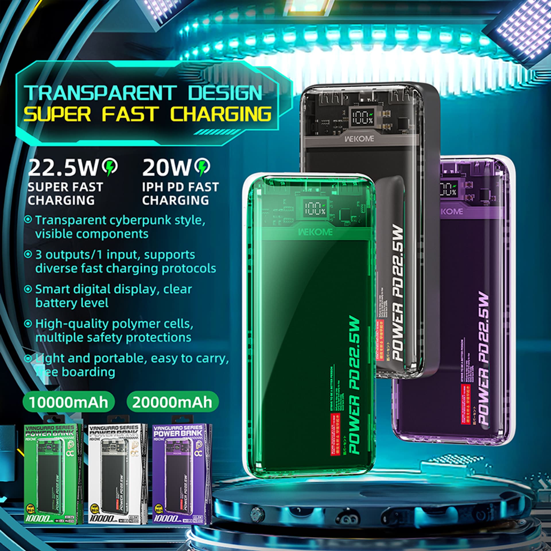 

WEKOME WP-351 Vanguard Series - Power bank 20000 mAh PD 20W + QC 22.5W (Zielony / Przezroczysty)