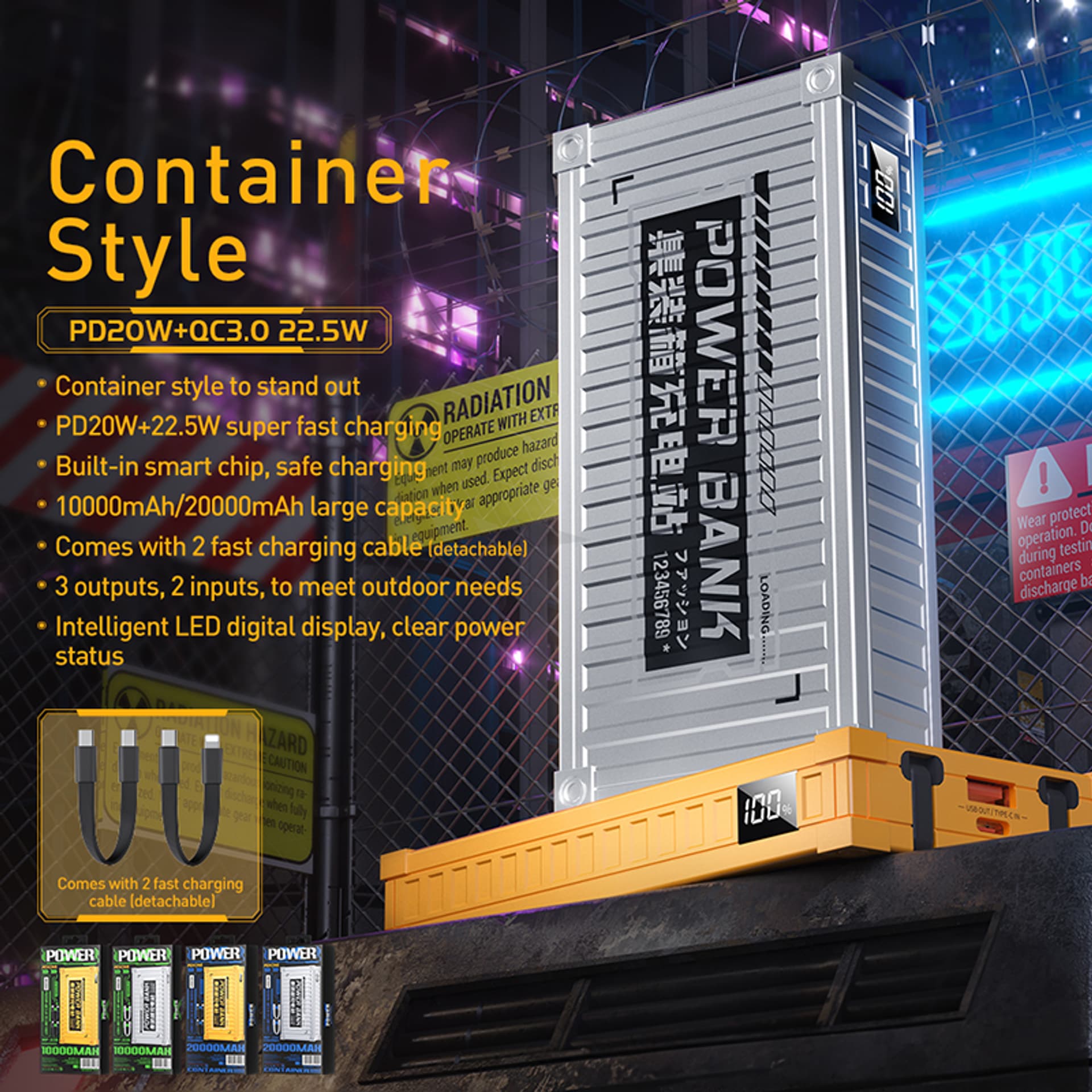 

WEKOME WP-341 Container Series - Power bank 20000 mAh Super Charging z wbudowanym kablem USB-C & Lightning PD 20W + QC 22.5W (Srebrny)