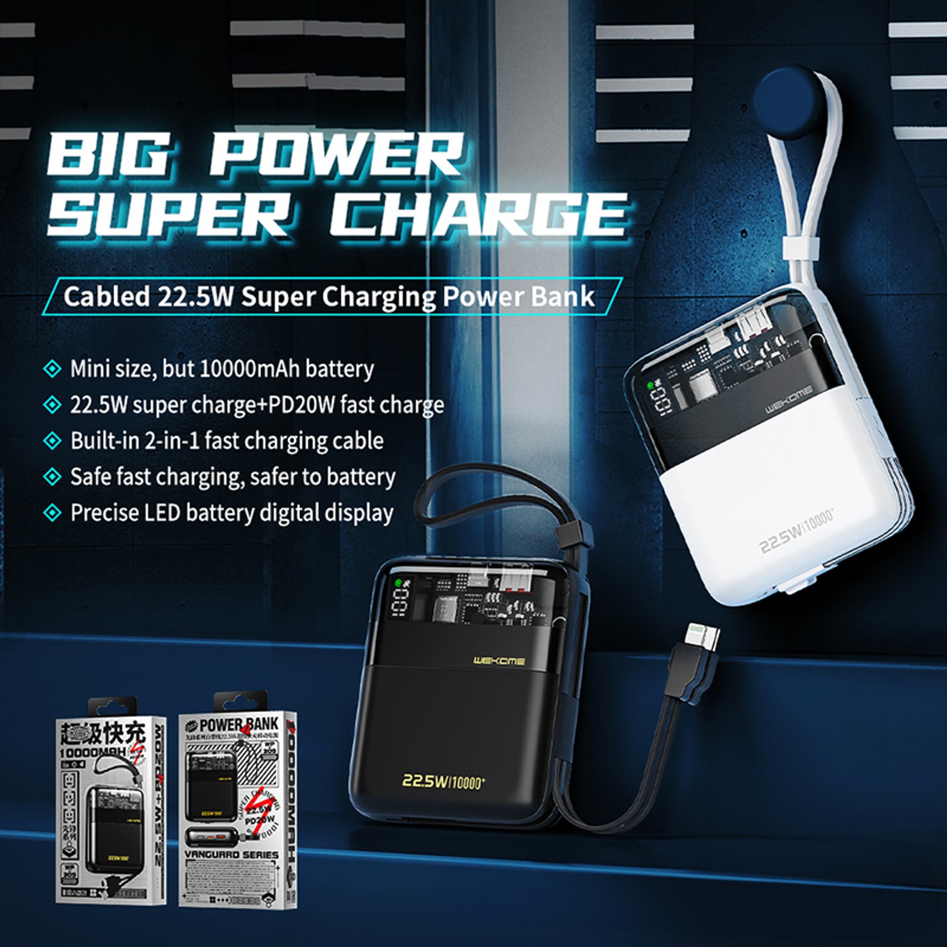 

WEKOME WP-309 Vanguard Series - Power bank 10000 mAh Super Charging z wbudowanym kablem USB-C & Lightning PD 20W + QC 22.5W (Czarny / Przezroczysty)