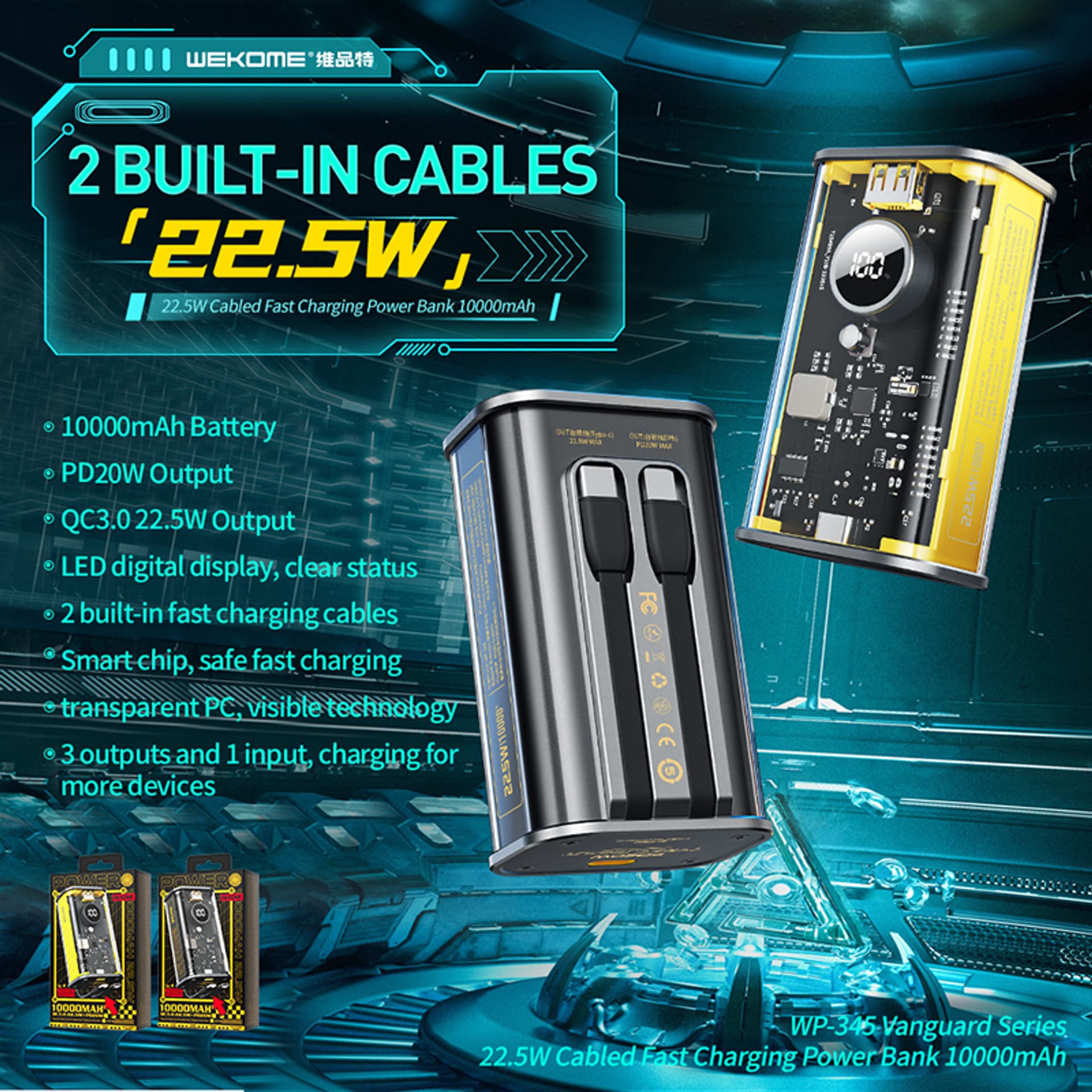 

WEKOME WP-345 Vanguard Series - Power bank 10000 mAh Fast Charging z wbudowanym kablem USB-C & Lightning PD 20W + QC 22.5W (Czarny)