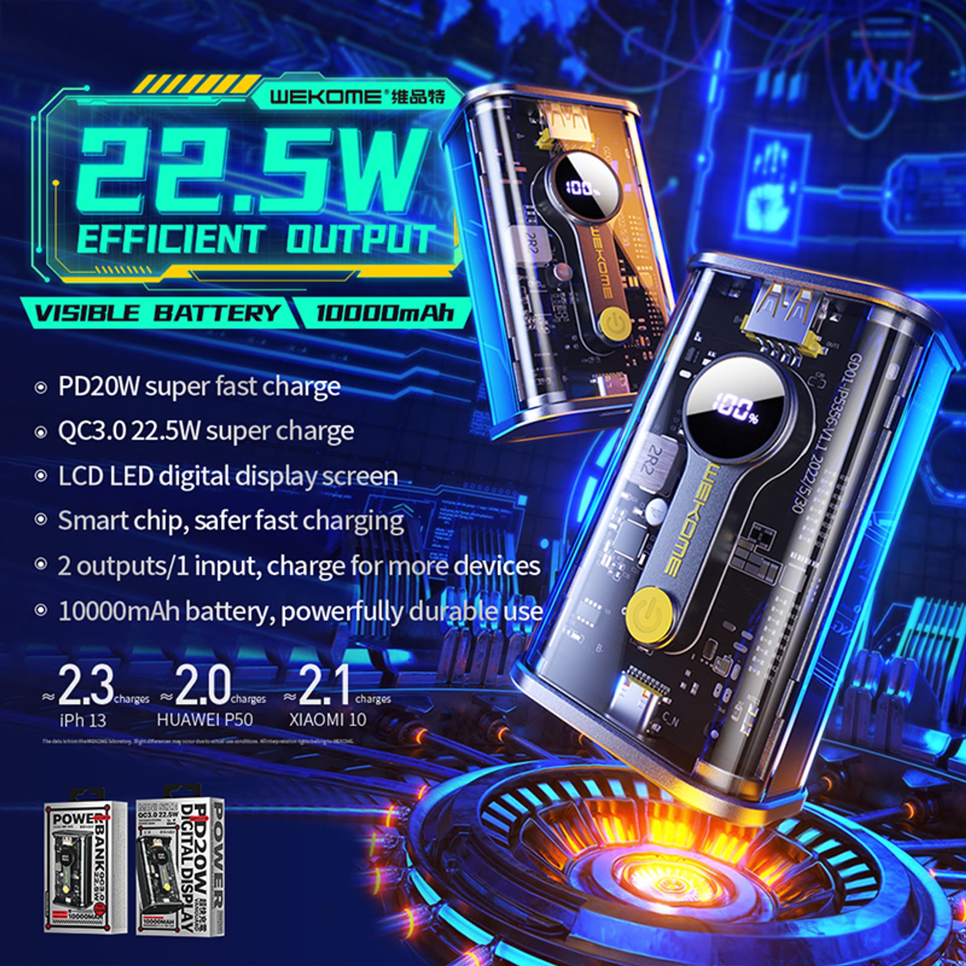 

WEKOME WP-333 Vanguard Series - Power bank 10000 mAh Super Charging PD 20W + QC 22.5W (Czarny / Przezroczysty)