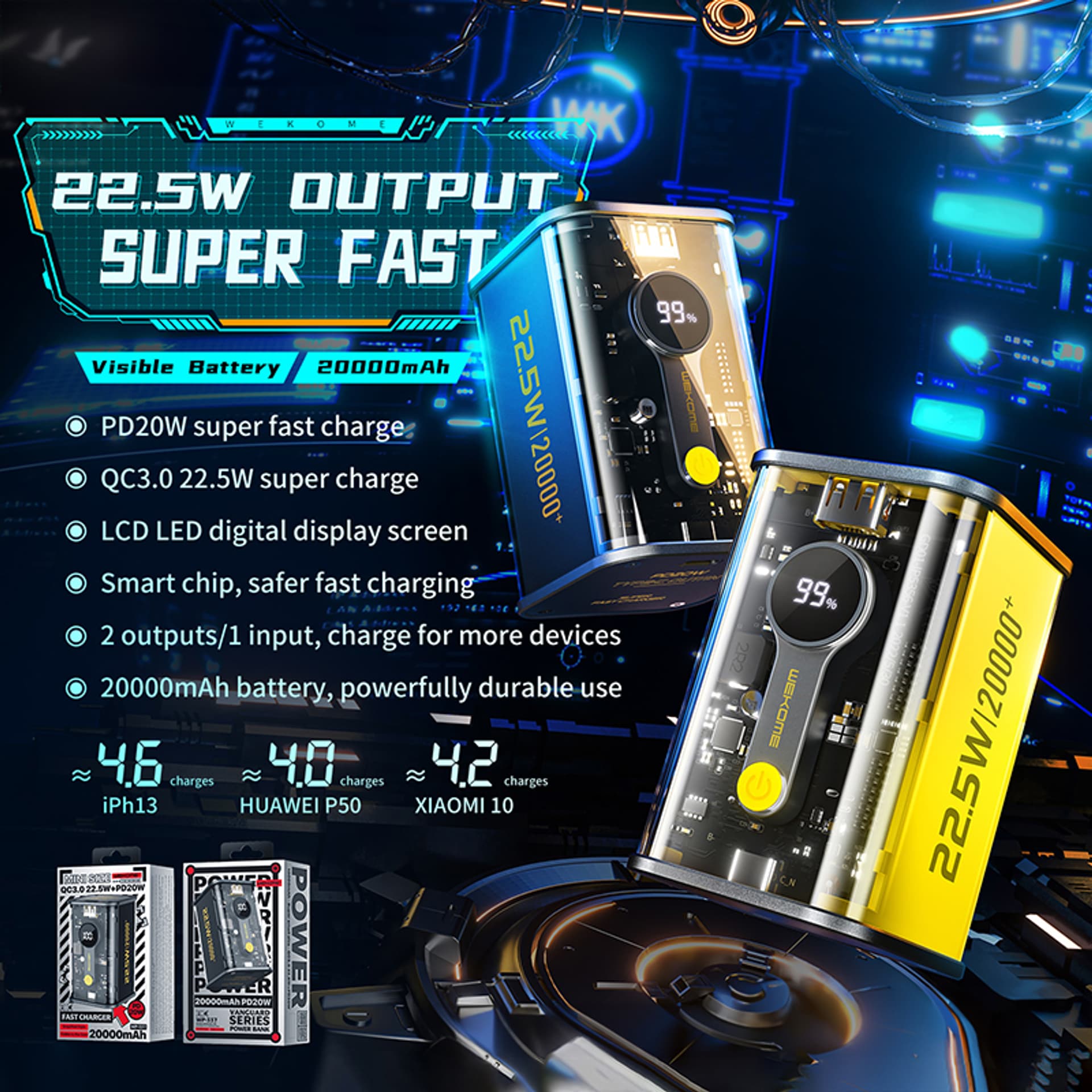 

WEKOME WP-337 Vanguard Series - Power bank 20000 mAh PD 20W + QC 22.5W (Żółty)
