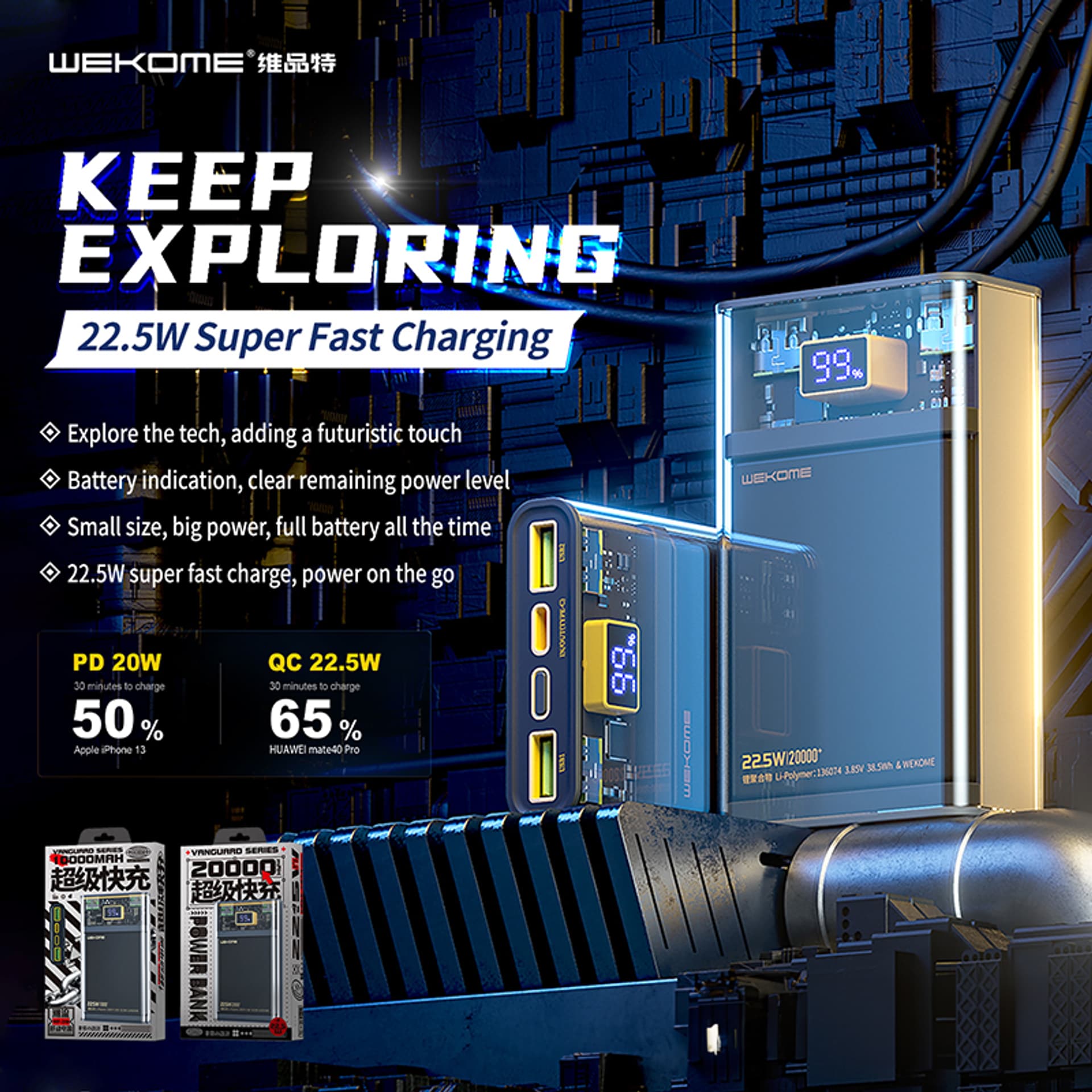 

WEKOME WP-321 Vanguard Series - Power bank 20000 mAh Super Charging PD 20W + QC 22.5W (Czarny / Przezroczysty)