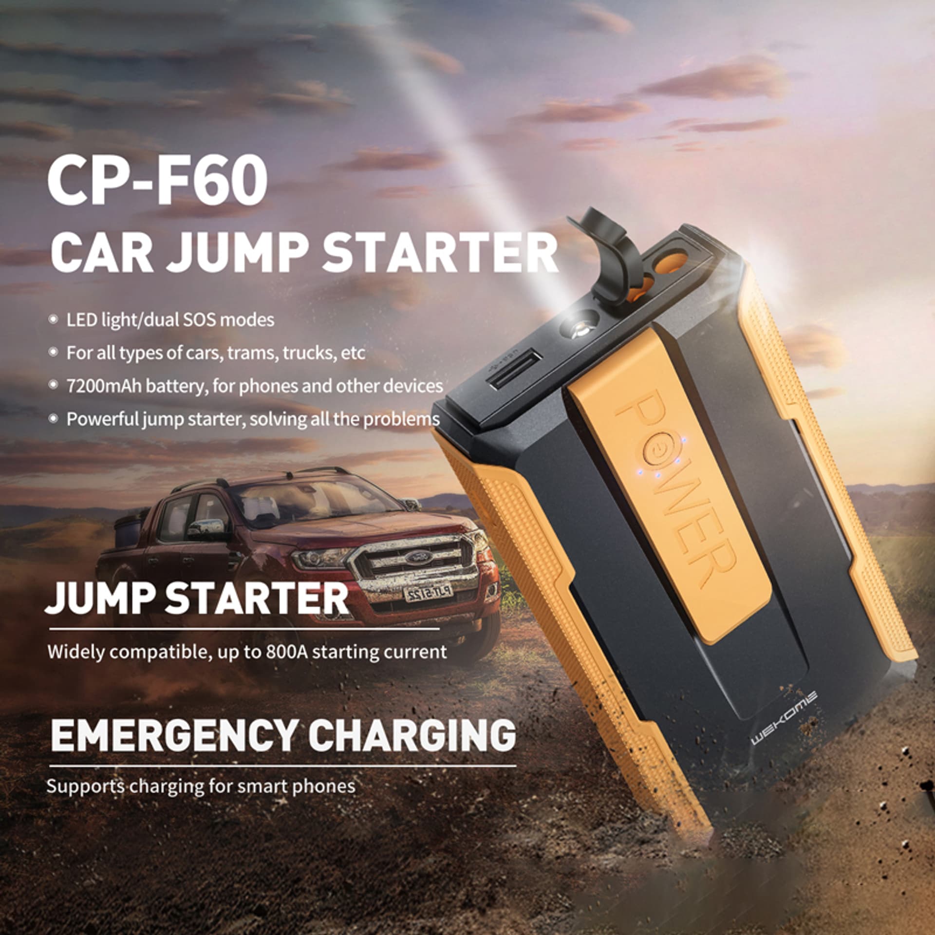 

WEKOME CP-F60 PowerBoost Car Jump Starter - Zasilacz awaryjnego rozruchu samochodu + Power bank (Czarny / Pomarańczowy)