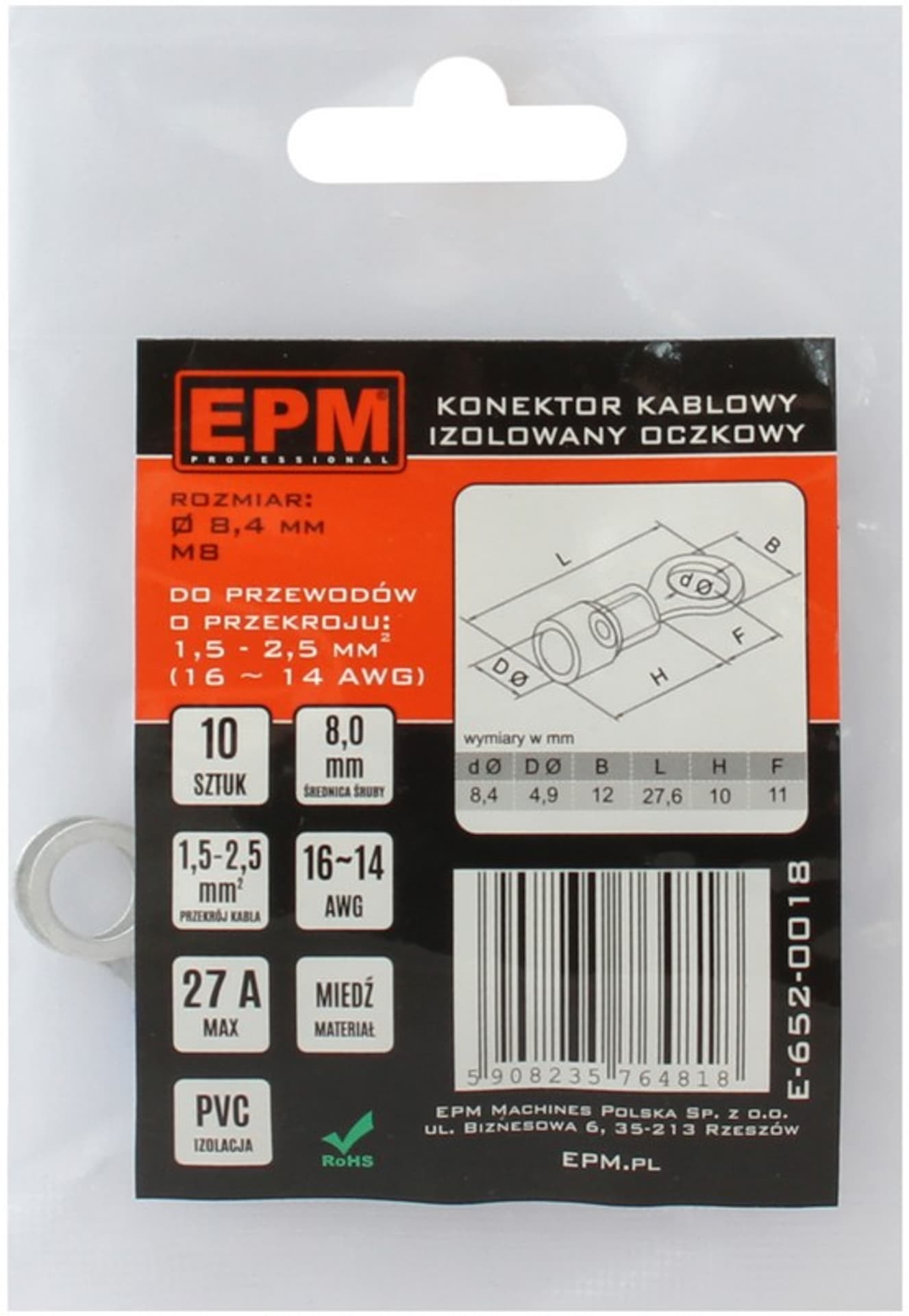 

KOŃCÓWKA OCZKOWA IZOLOWANA 1.5-2.5MM 2/8MM 10 SZTUK