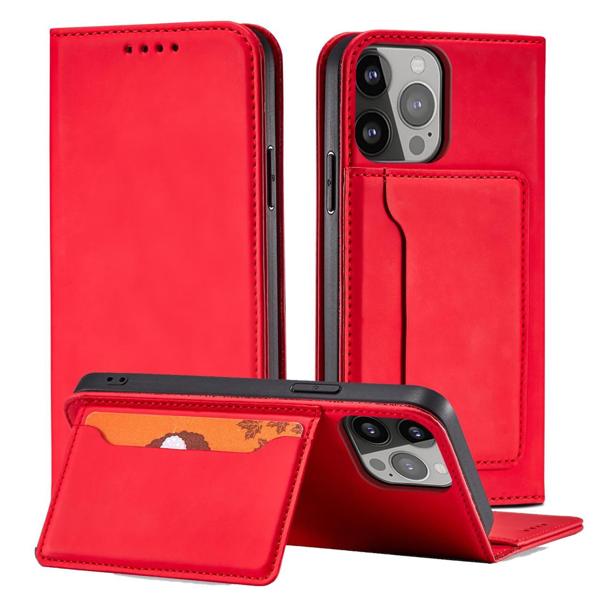 

Magnet Card Case etui iPhone 14 Plus pokrowiec z klapką portfel podstawka czerwone