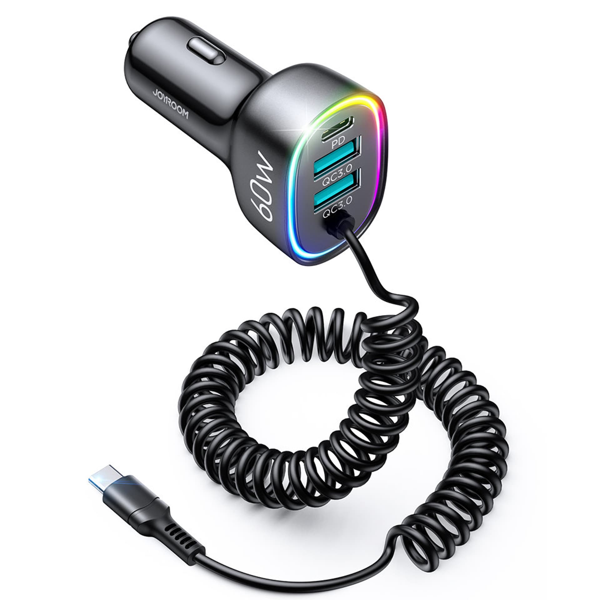 

Joyroom szybka ładowarka samochodowa 4 w 1 PD, QC3.0, AFC, FCP z kablem USB Typ C 1,6m 60W czarny (JR-CL19)
