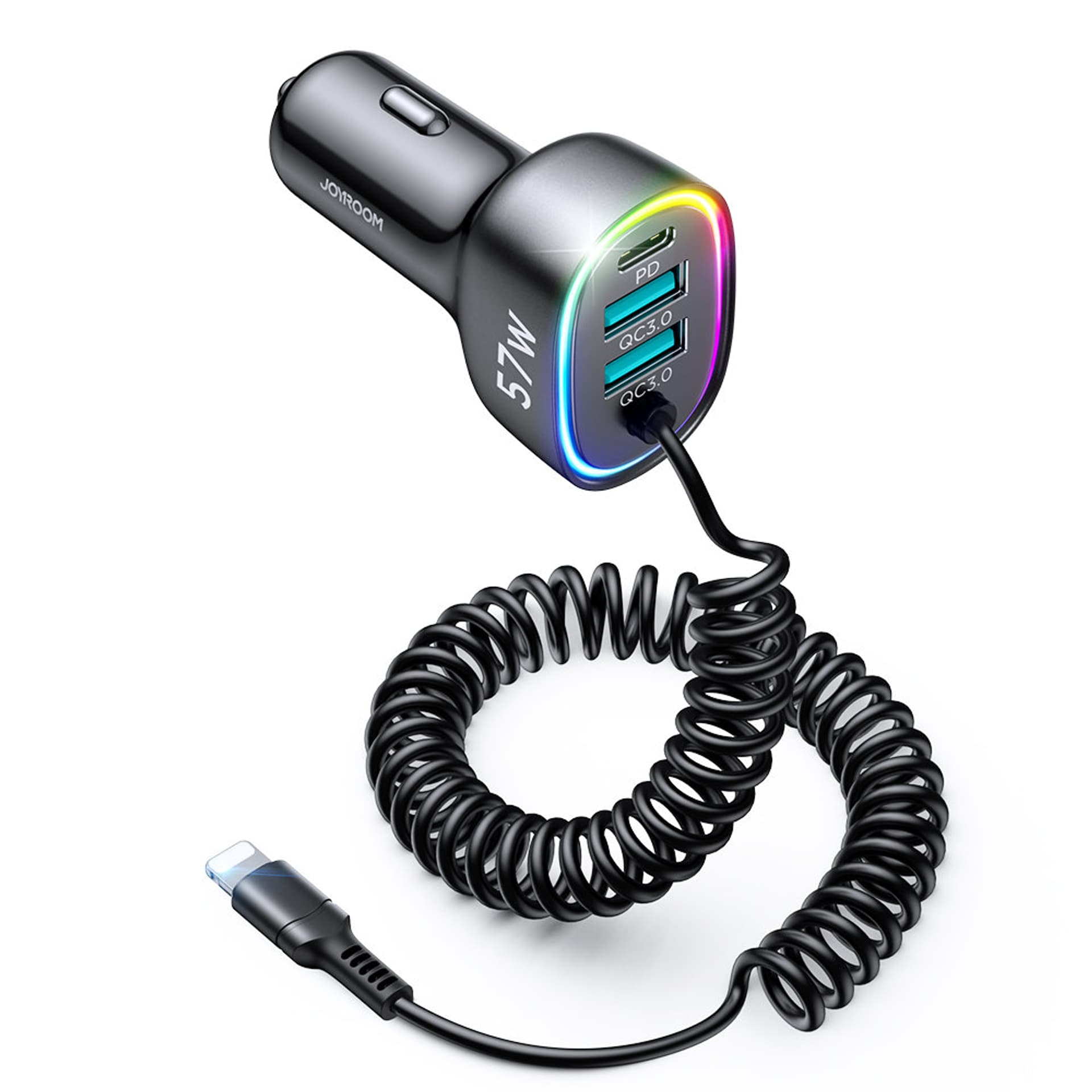 

Joyroom szybka ładowarka samochodowa 4 w 1 PD, QC3.0, AFC, FCP z kablem Lightning 1,6m 57W czarny (JR-CL20)