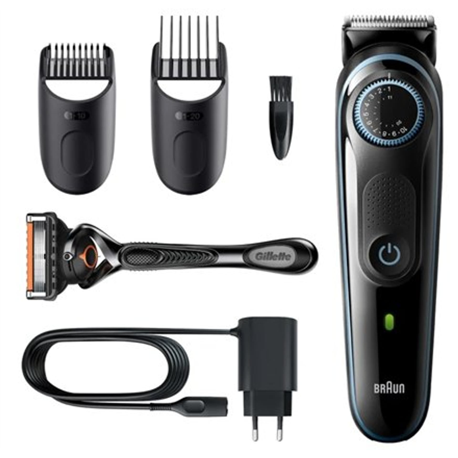 

Trymer do brody Braun z precyzyjnym pokrętłem i maszynką do golenia Gillette ProGlide BT3340 Bezprzewodowy lub sieciowy, Czas pr