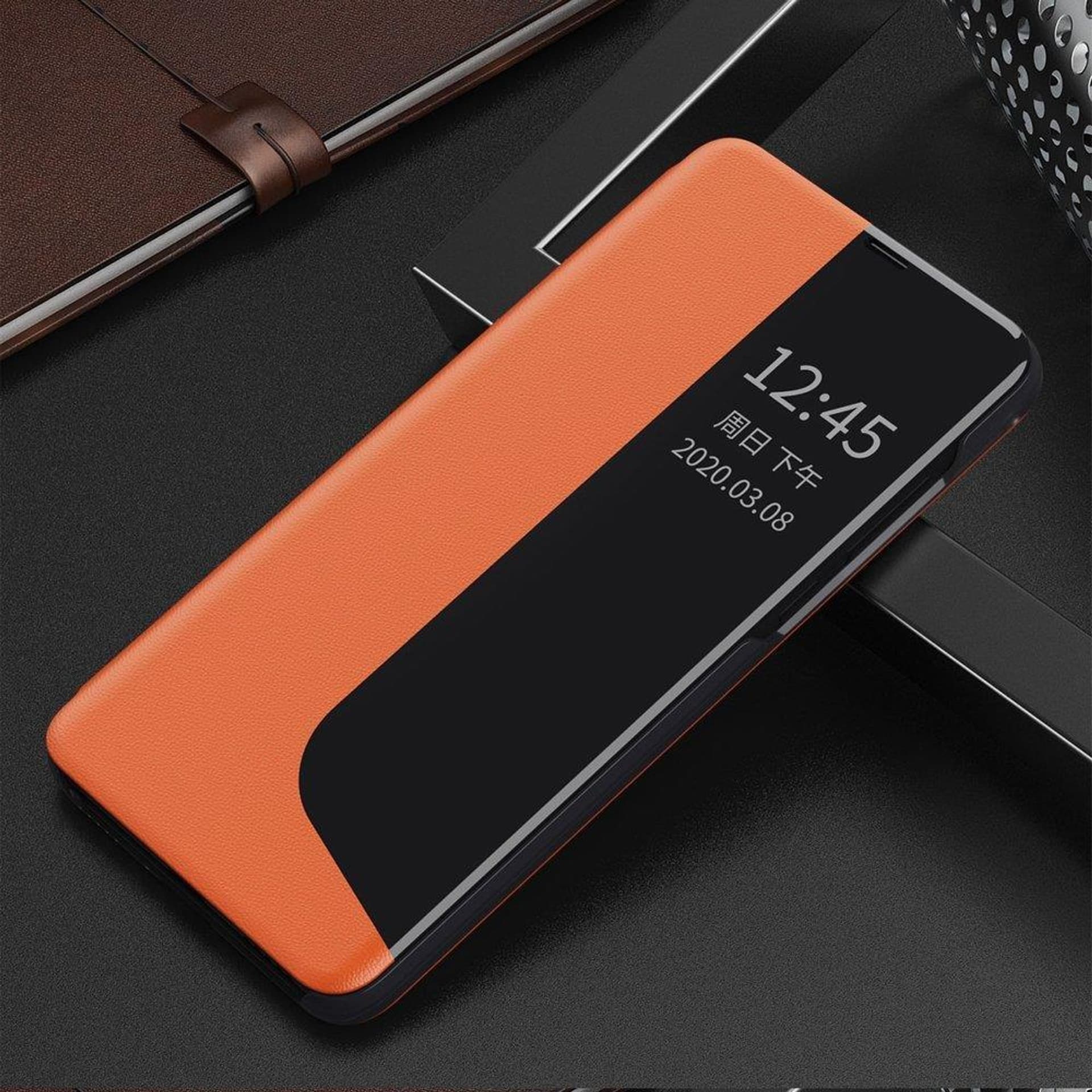 

Eco Leather View Case elegancki futerał etui z klapką i funkcją podstawki Huawei P40 Lite pomarańczowy
