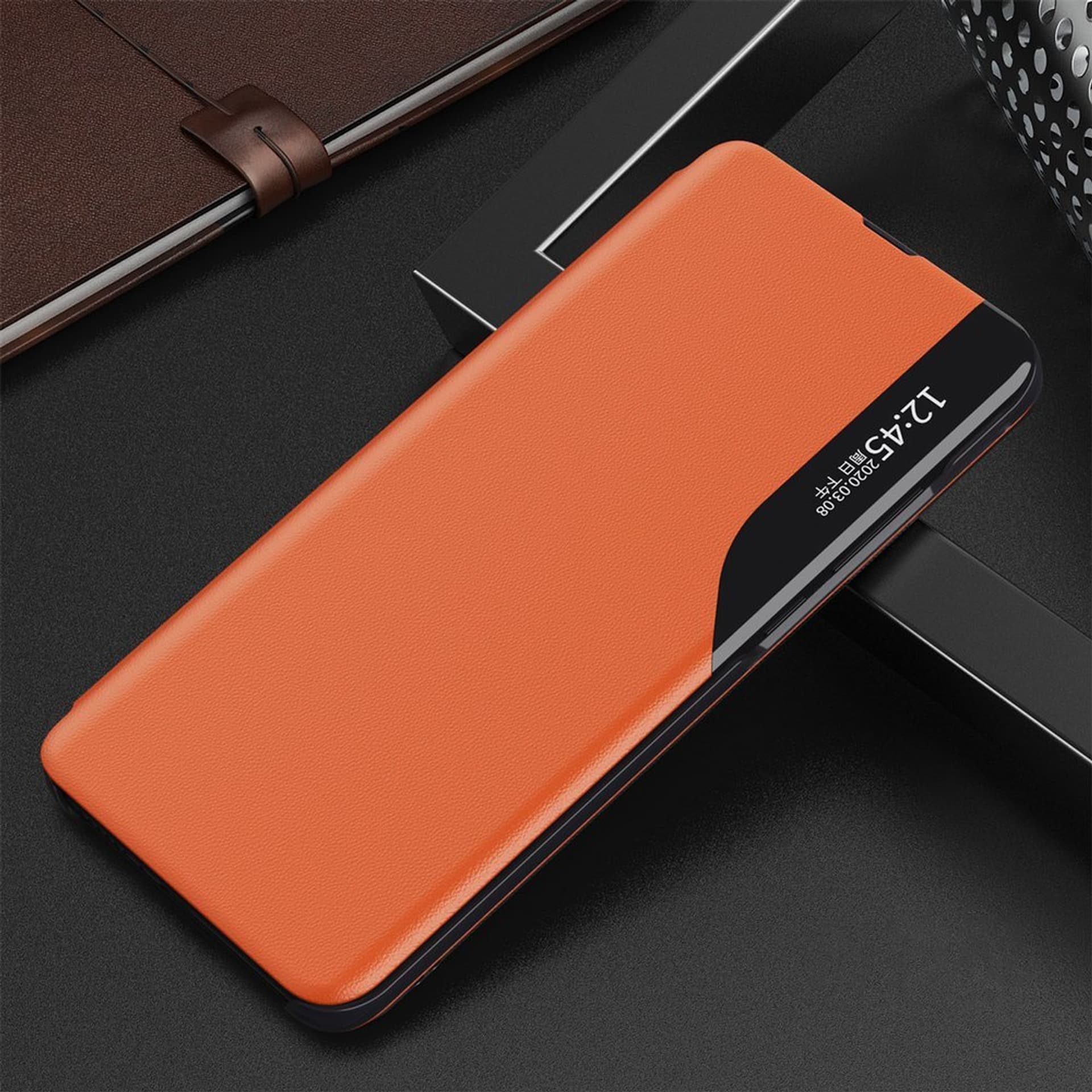 

Eco Leather View Case elegancki futerał etui z klapką i funkcją podstawki Xiaomi Redmi K40 Pro+ / K40 Pro / K40 / Poco F3 pomarańczowy
