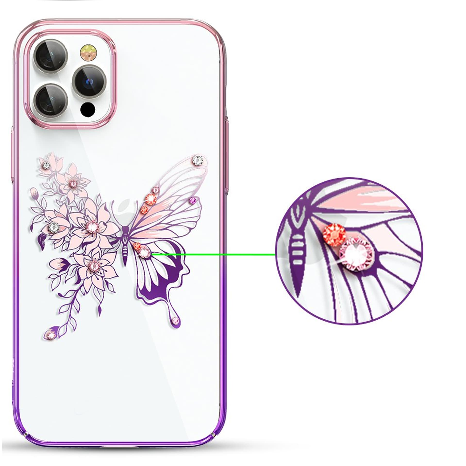 

Kingxbar Butterfly Series błyszczące etui ozdobione oryginalnymi Kryształami Swarovskiego motyle iPhone 12 Pro Max różowy