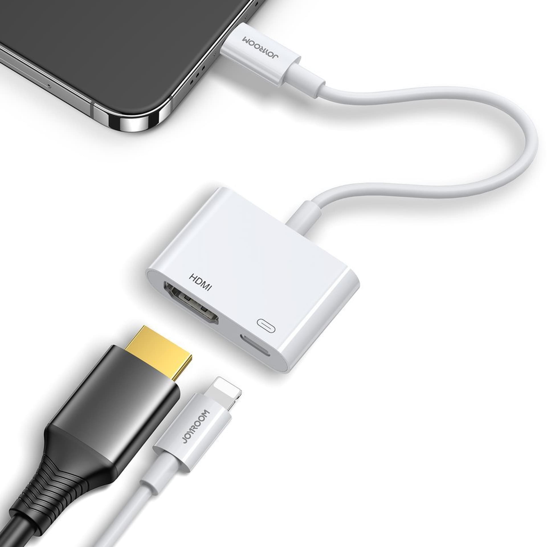 

Joyroom adapter przejściówka ze złącza Lightning (męski) na cyfrowe HDMI (żeński) + Lightning (żeński) FullHD 1080p 60Hz biały (S-H141 white)