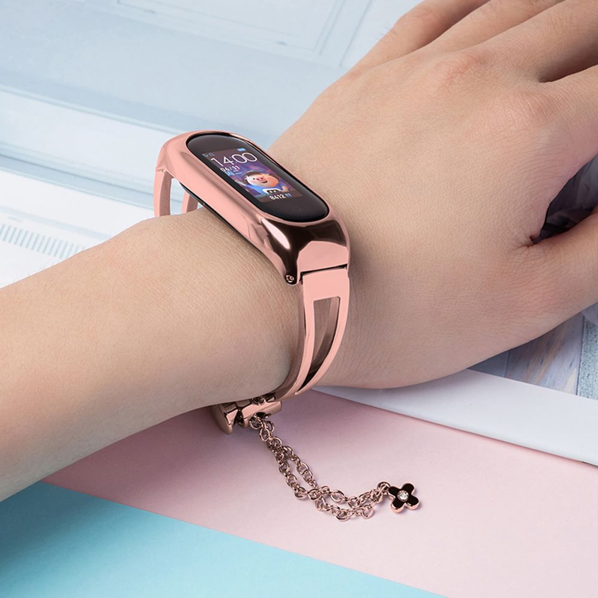 

Zamienna metalowa opaska bransoleta łańcuszek pasek do Xiaomi Mi Band 6 / 5 / 4 / 3 różowy