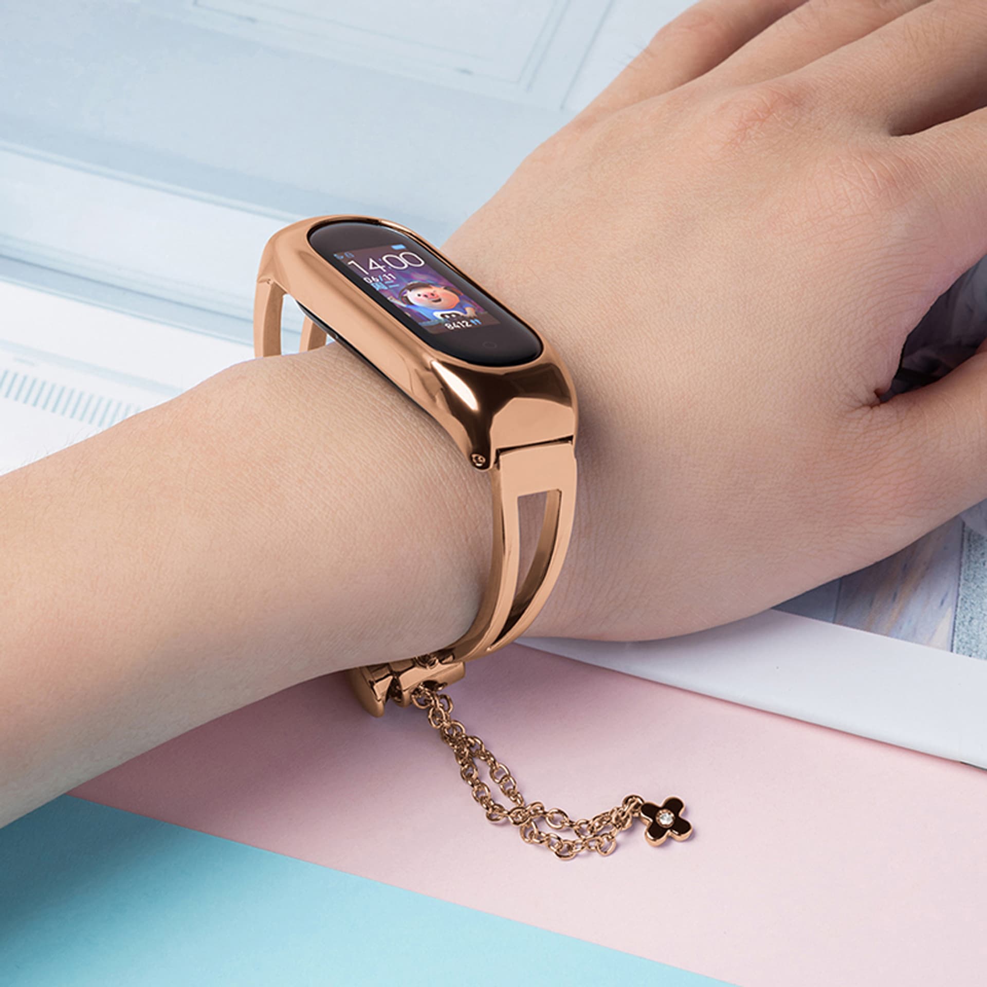 

Zamienna metalowa opaska bransoleta łańcuszek pasek do Xiaomi Mi Band 6 / 5 / 4 / 3 różowe złoto
