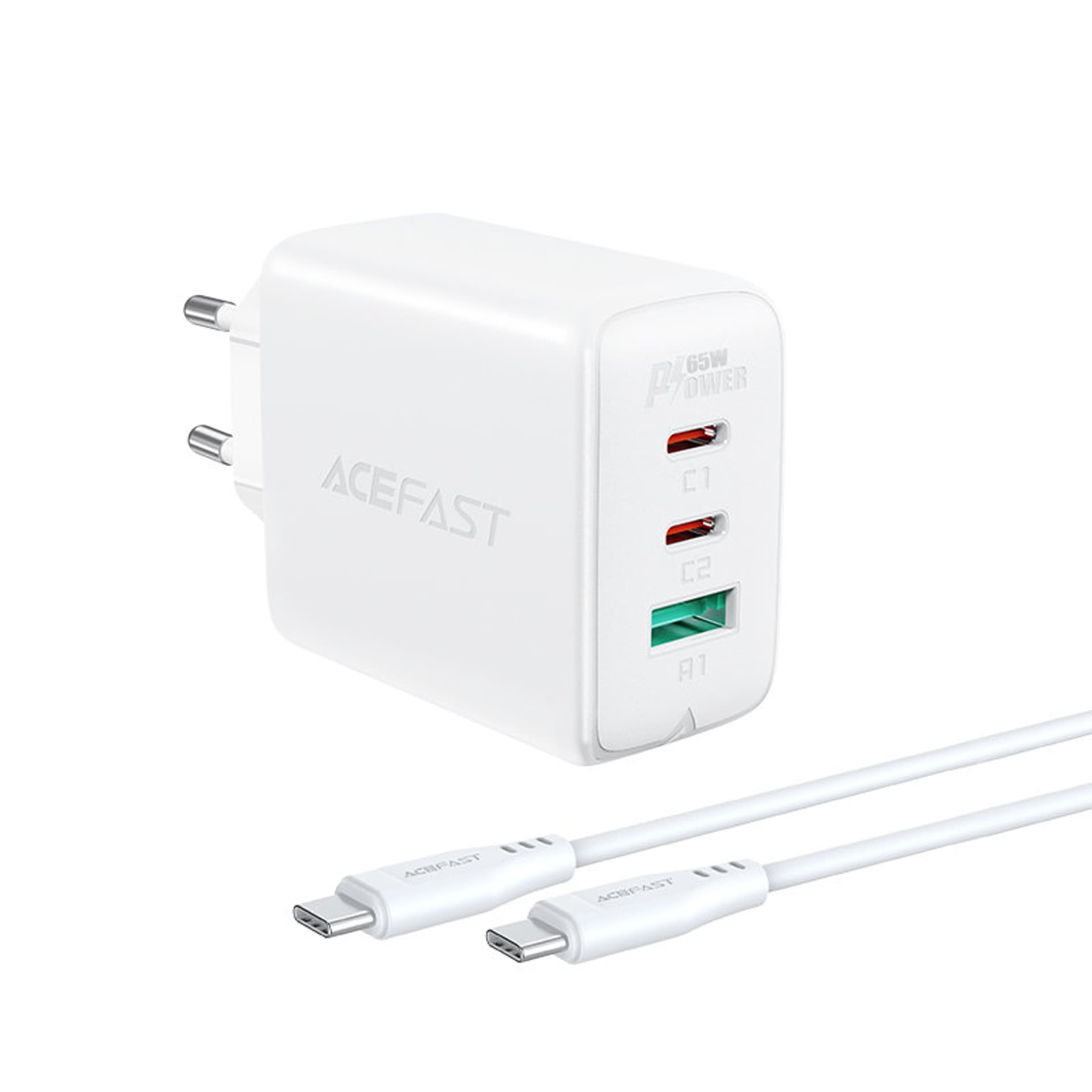 

Acefast 2w1 ładowarka sieciowa 2x USB Typ C / USB 65W, PD, QC 3.0, AFC, FCP (zestaw z kablem) biały (A13 white)