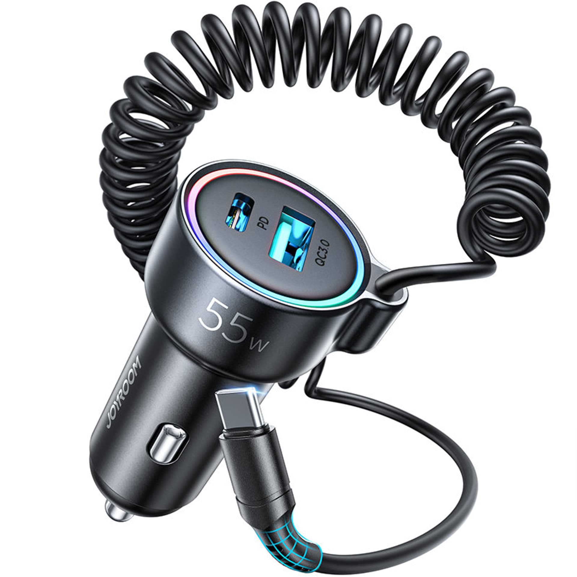 

Joyroom szybka ładowarka samochodowa 3 w 1 z kablem USB Typ C 1,5m 55W czarny (JR-CL07)