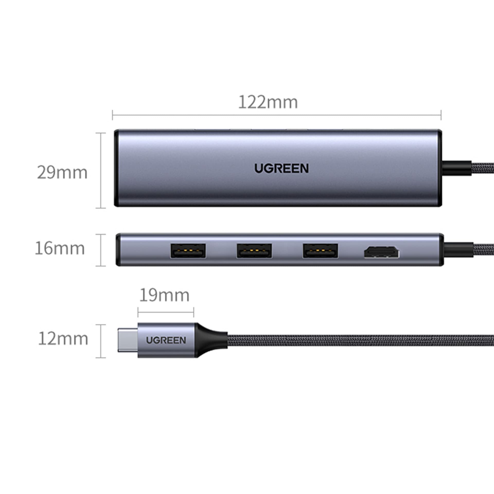 

Ugreen adapter konwerter HUB 5w1 USB C - 3x USB 3.0 / HDMI / RJ45 szary (CM475)