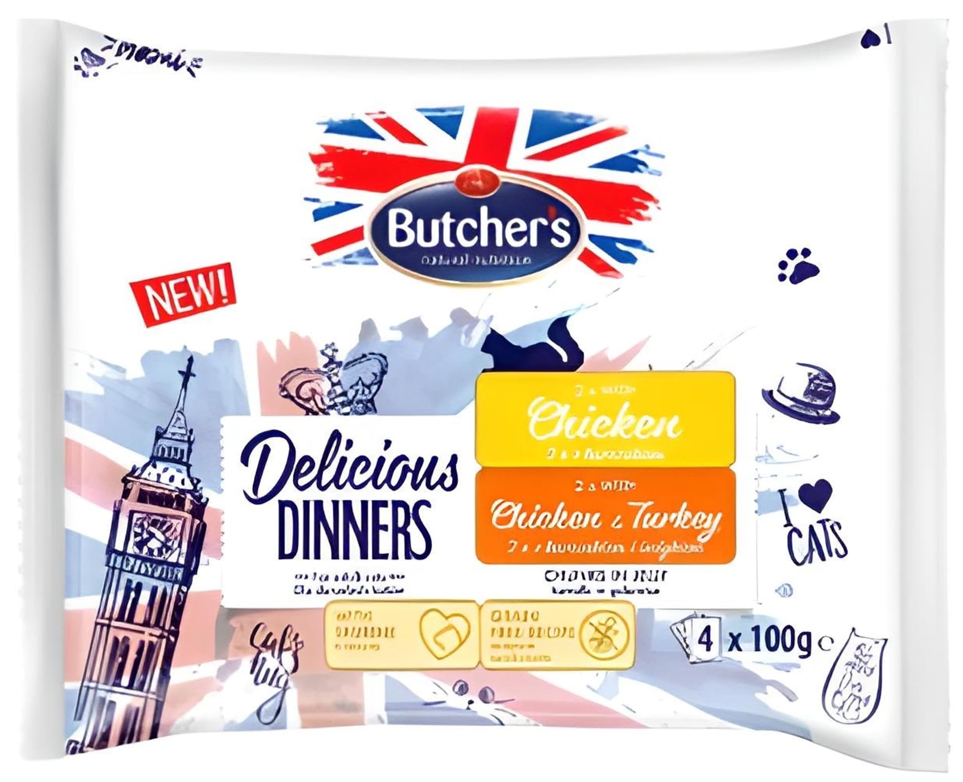 

Butcher's Delicious Dinners z kurczakiem/ z kurczakiem i indykiem 4x100g