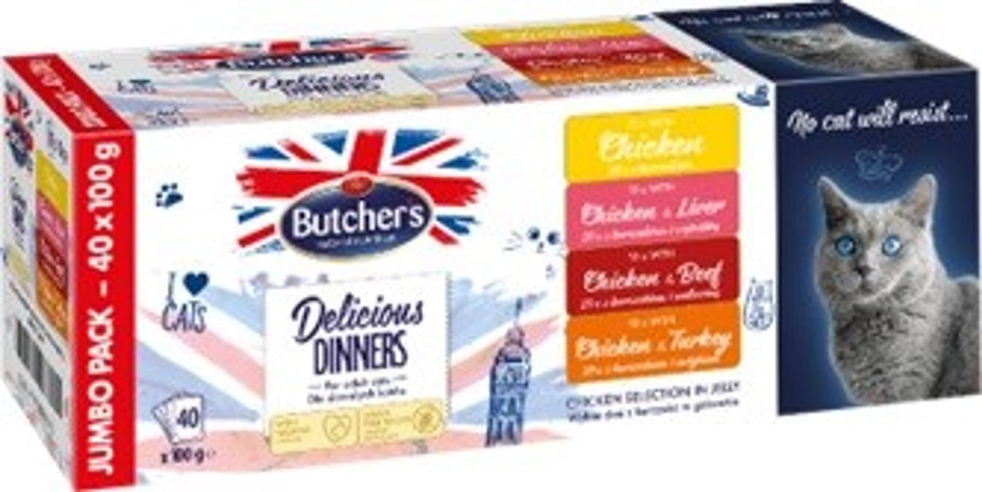 

Butcher's Delicious Dinners Jumbo Pack, karma dla kota, kawałki z kurczakiem/kurczakiem i indykiem/kurczakiem i wołowiną/kurczakiem i wątróbką w galaretce, 40x100g