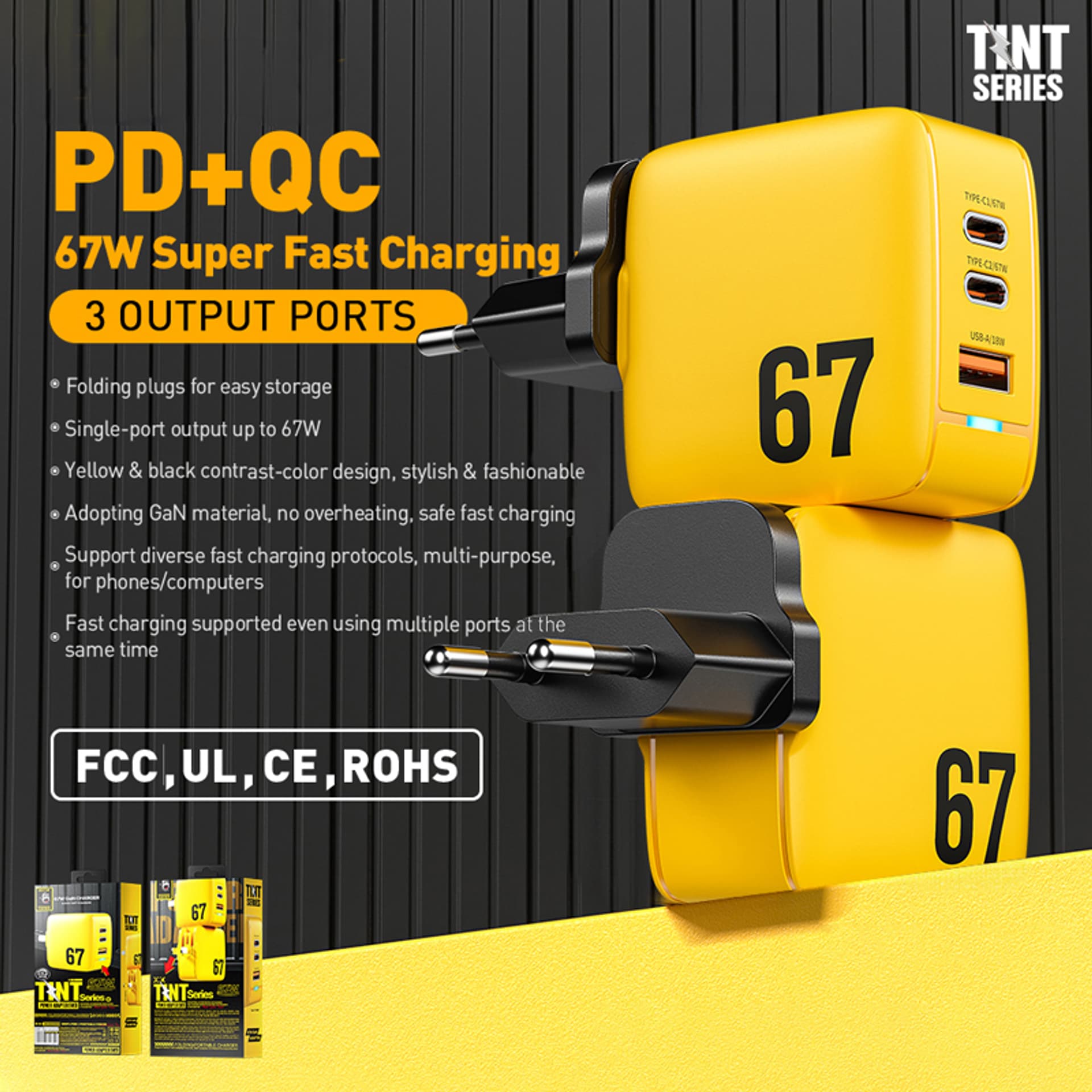 

WEKOME WP-U141 Tint Series - Ładowarka sieciowa 2x USB-C & USB-A Super Fast Charger GaN 67W (Żółty)