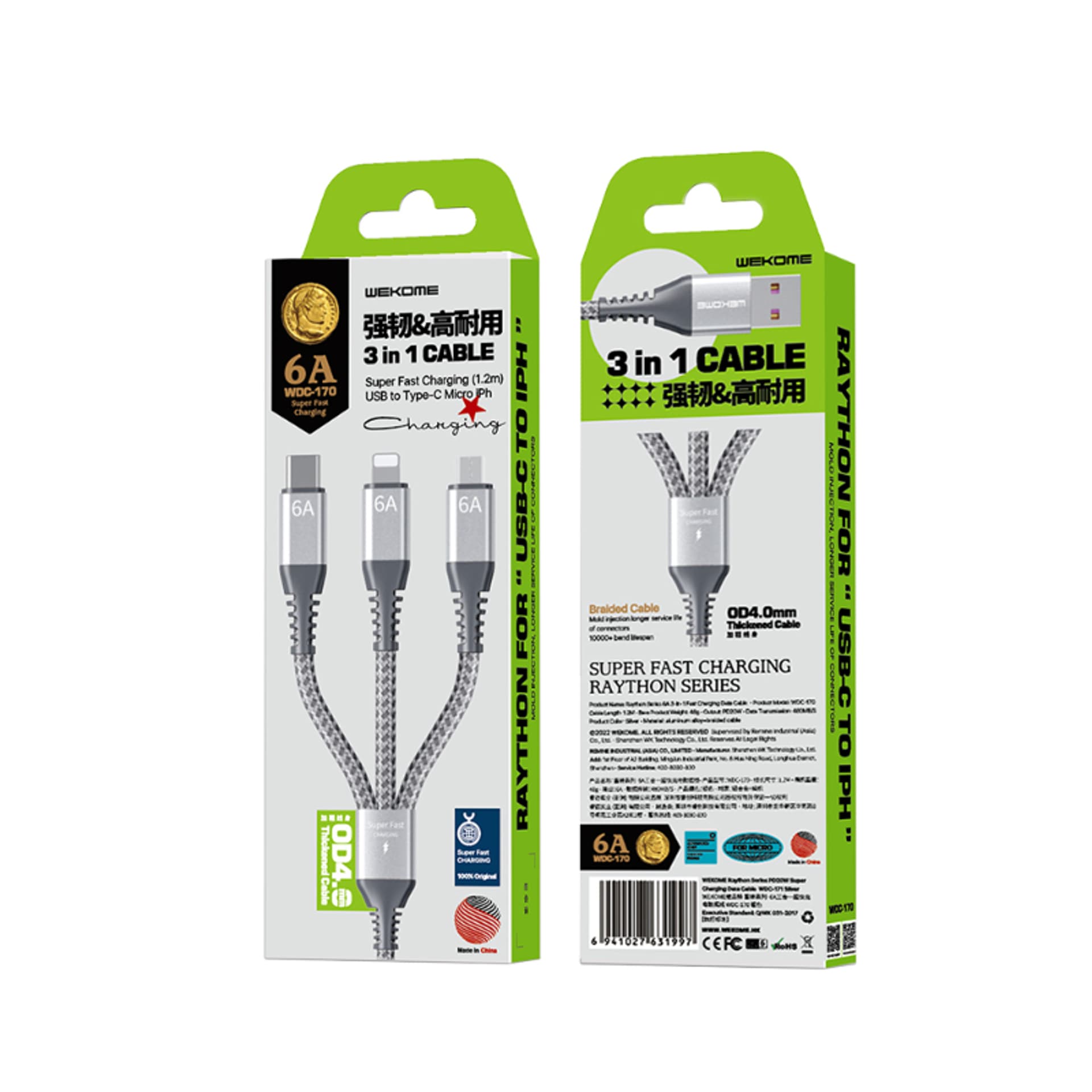 

WEKOME WDC-170 Raython Series - Kabel połączeniowy 3w1 USB-A do USB-C + Lightning + Micro USB Fast Charging PD 1.2 m (Srebrny)