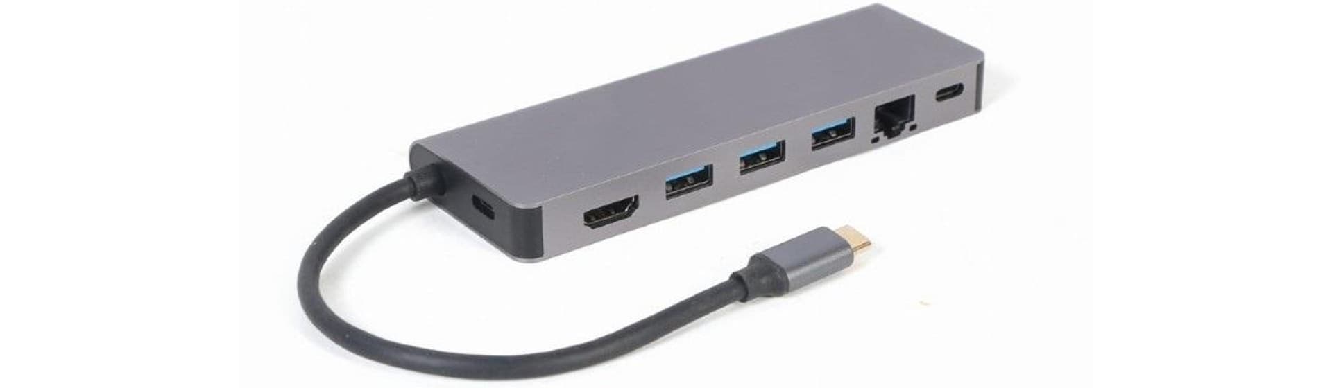 

Adapter USB-C męski do Hub 3.0 + HDMI + PD + czytnik kard + RJ-45 Gembird A-CM-COMBO5-05