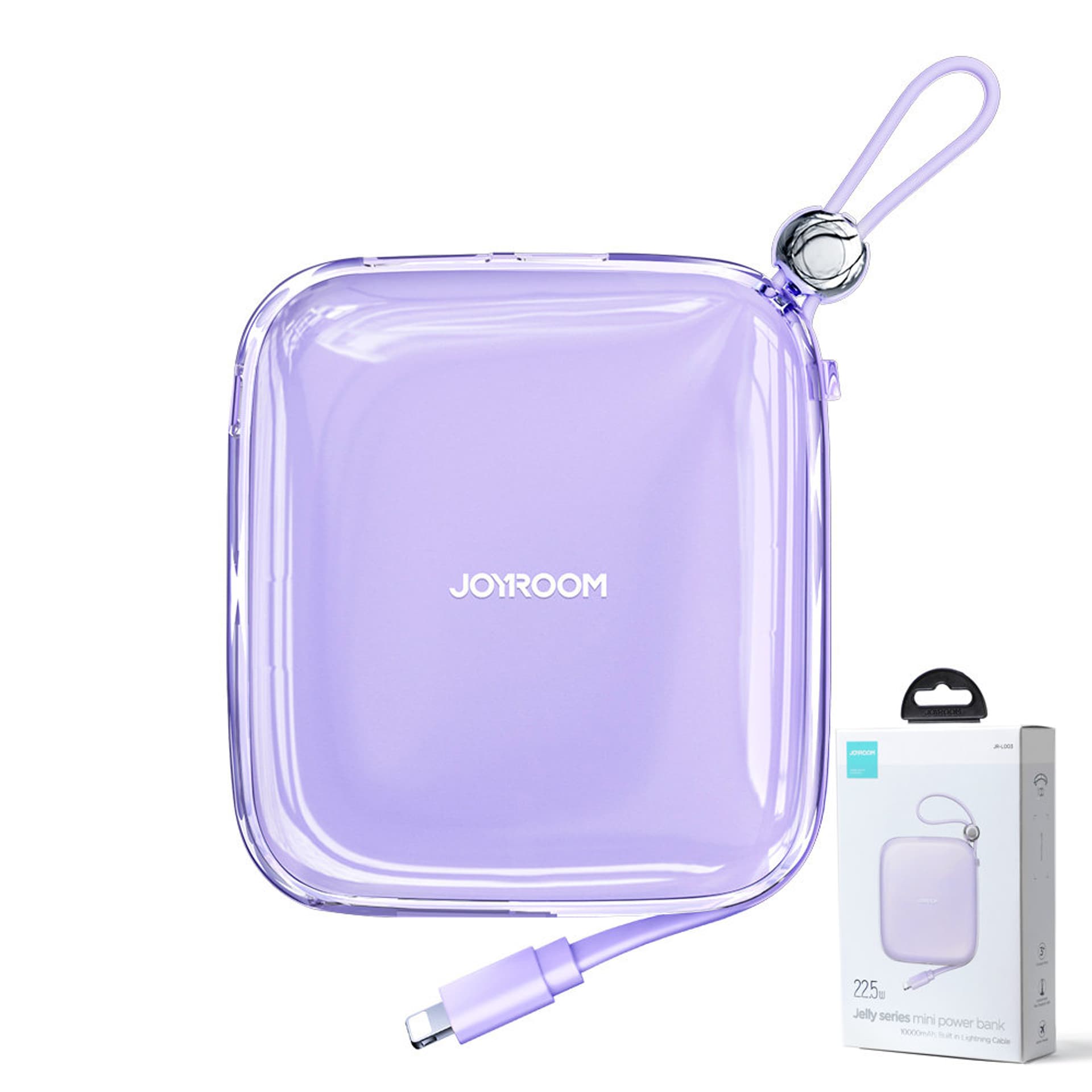 

Joyroom powerbank 10000mAh Jelly Series 22.5W z wbudowanym kablem Lightning fioletowy (JR-L003)