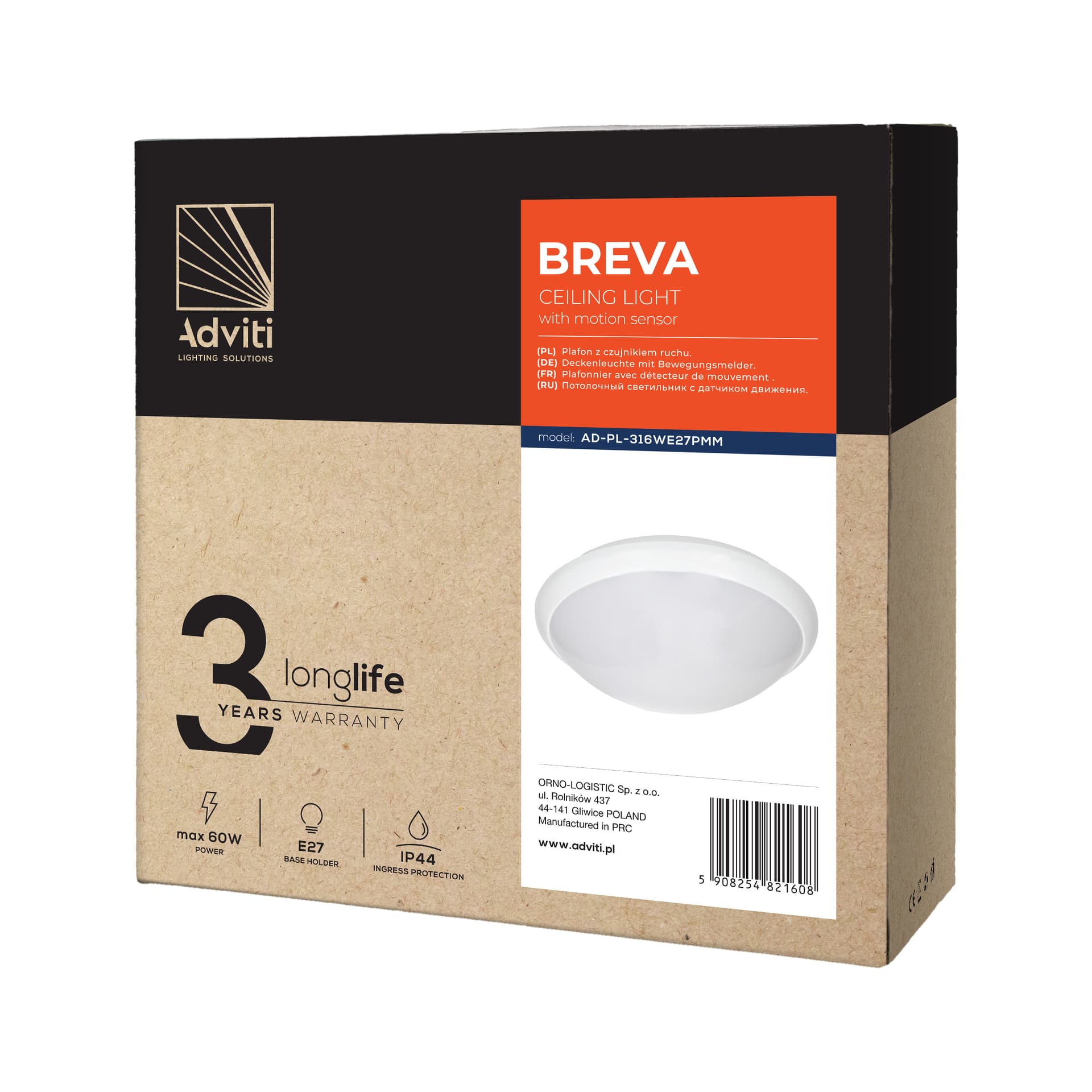 

BREVA, plafon oświetleniowy z mikrofalowym czujnikiem ruchu, 60W, E27, IP44, poliwęglan mleczny