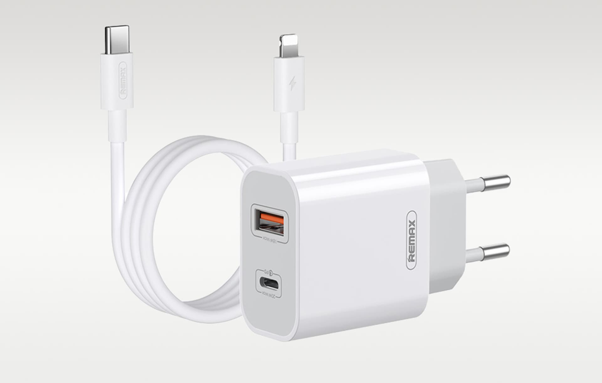 

Ładowarka sieciowa Remax, RP-U68, USB-C, USB, 20W (biała) + kabel Lightning, Biała) + kabel lightnin