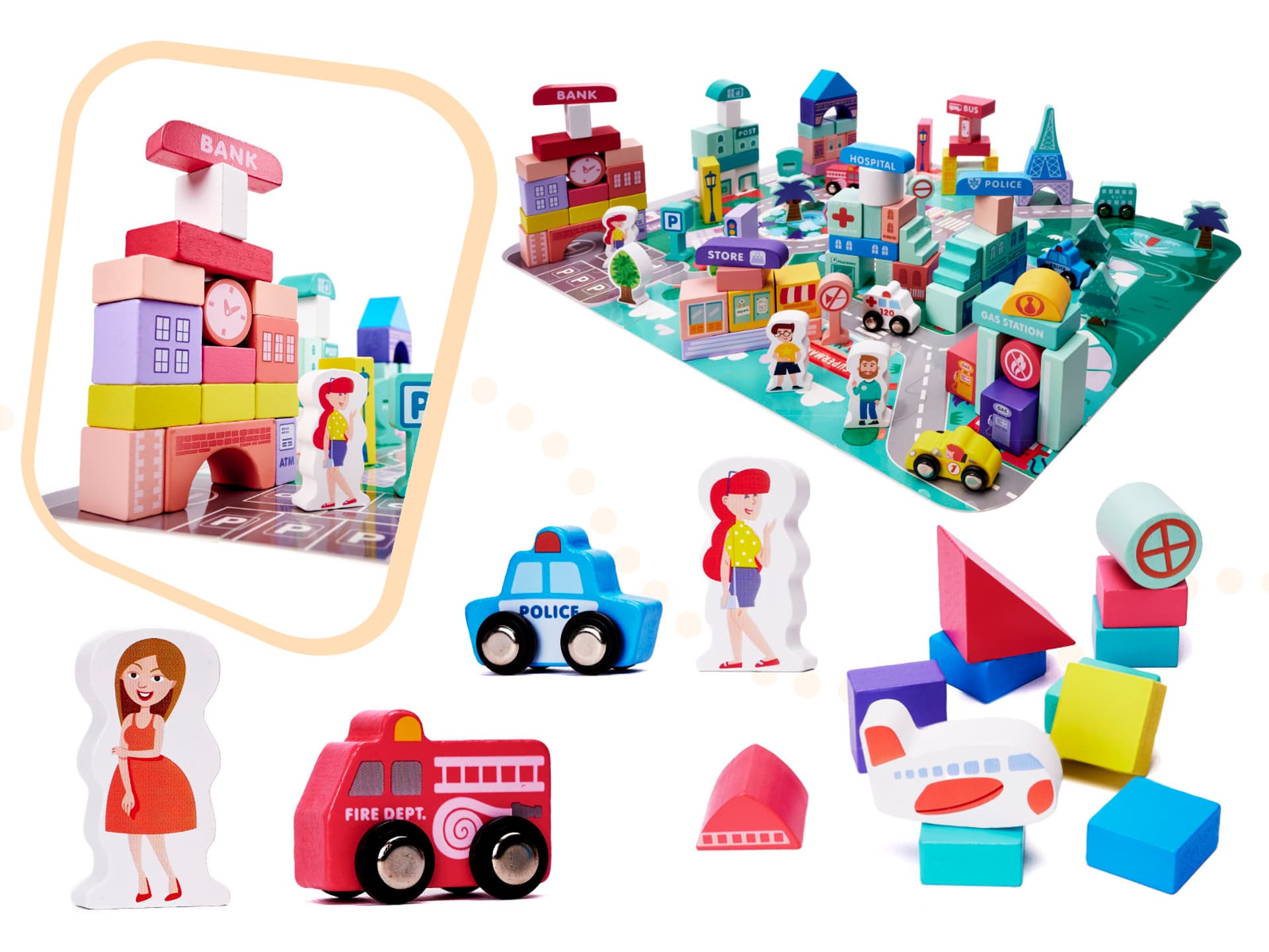 

Klocki drewniane edukacyjne miasto puzzle 128el.