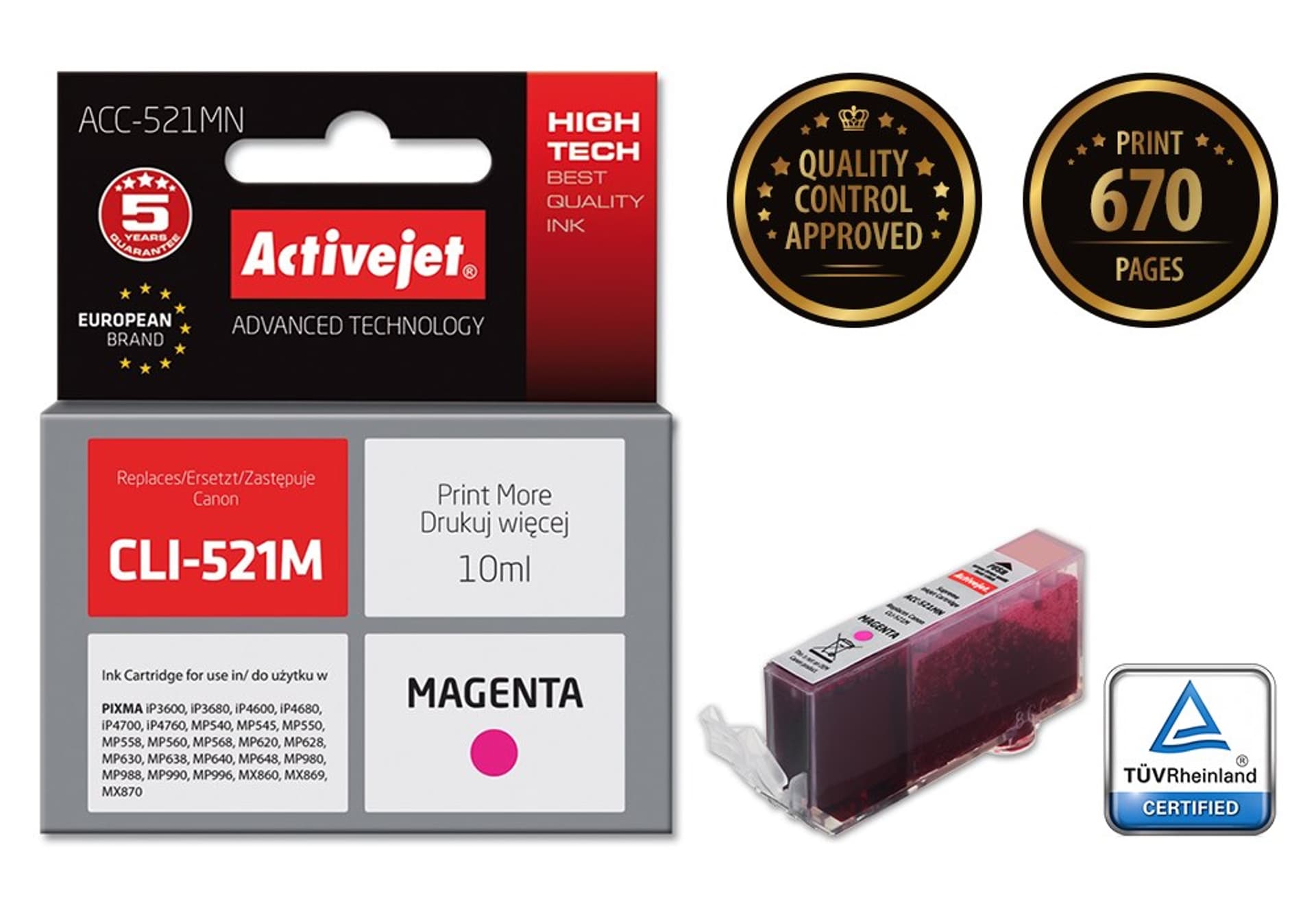 

Activejet ACC-521MN Tusz (zamiennik Canon CLI-521M; Supreme; 10 ml; czerwony)