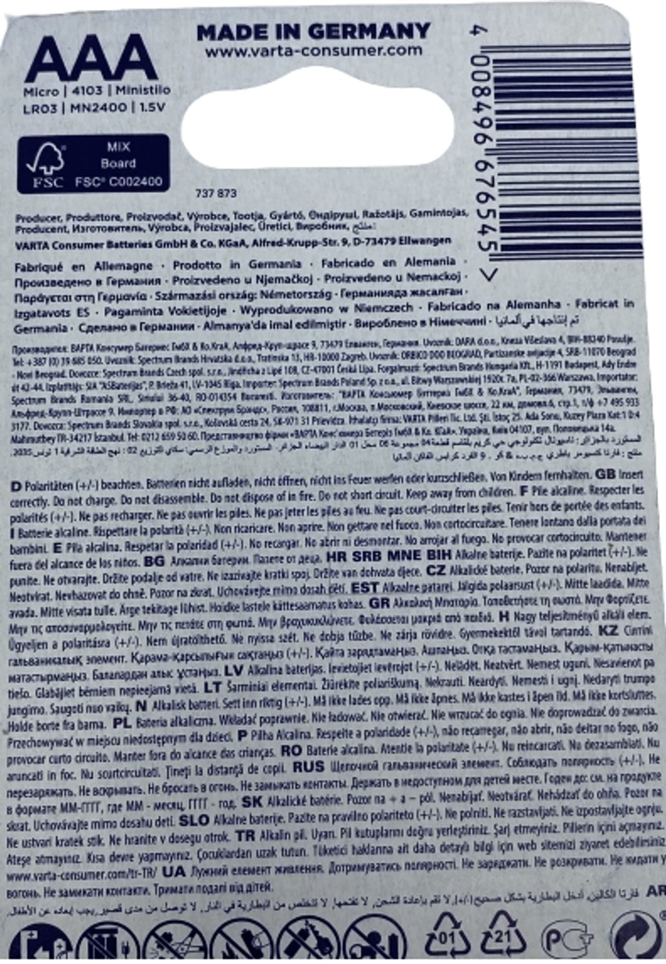 

BATERIE ALKALICZNE VARTA LR03 ENERGY AAA 1,5V