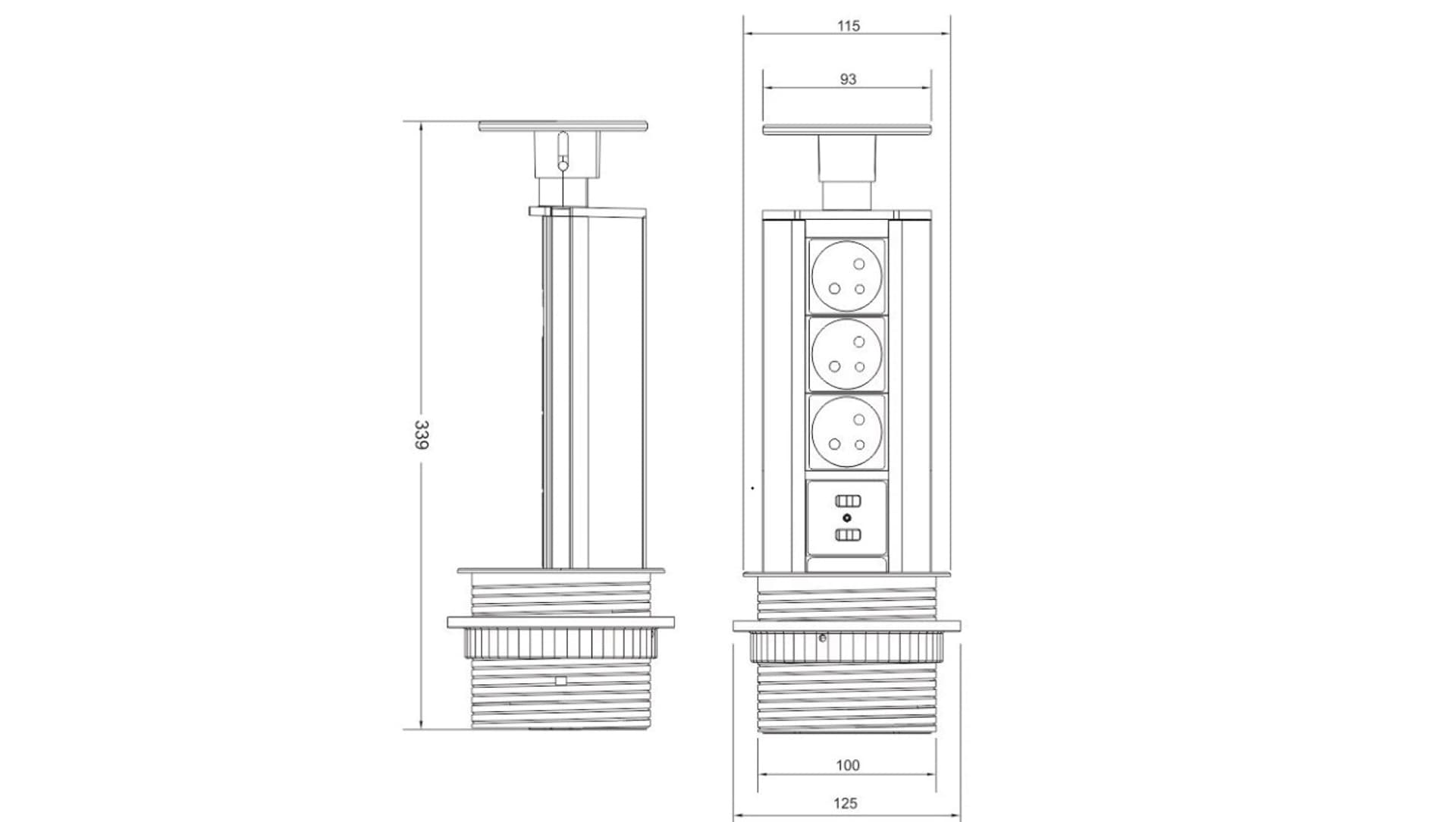 

Gniazdo meblowe fi10cm, 3x250V AC wysuwane z blatu z ładowarką USB i przewodem 1,8m srebrny OR-AE-1353