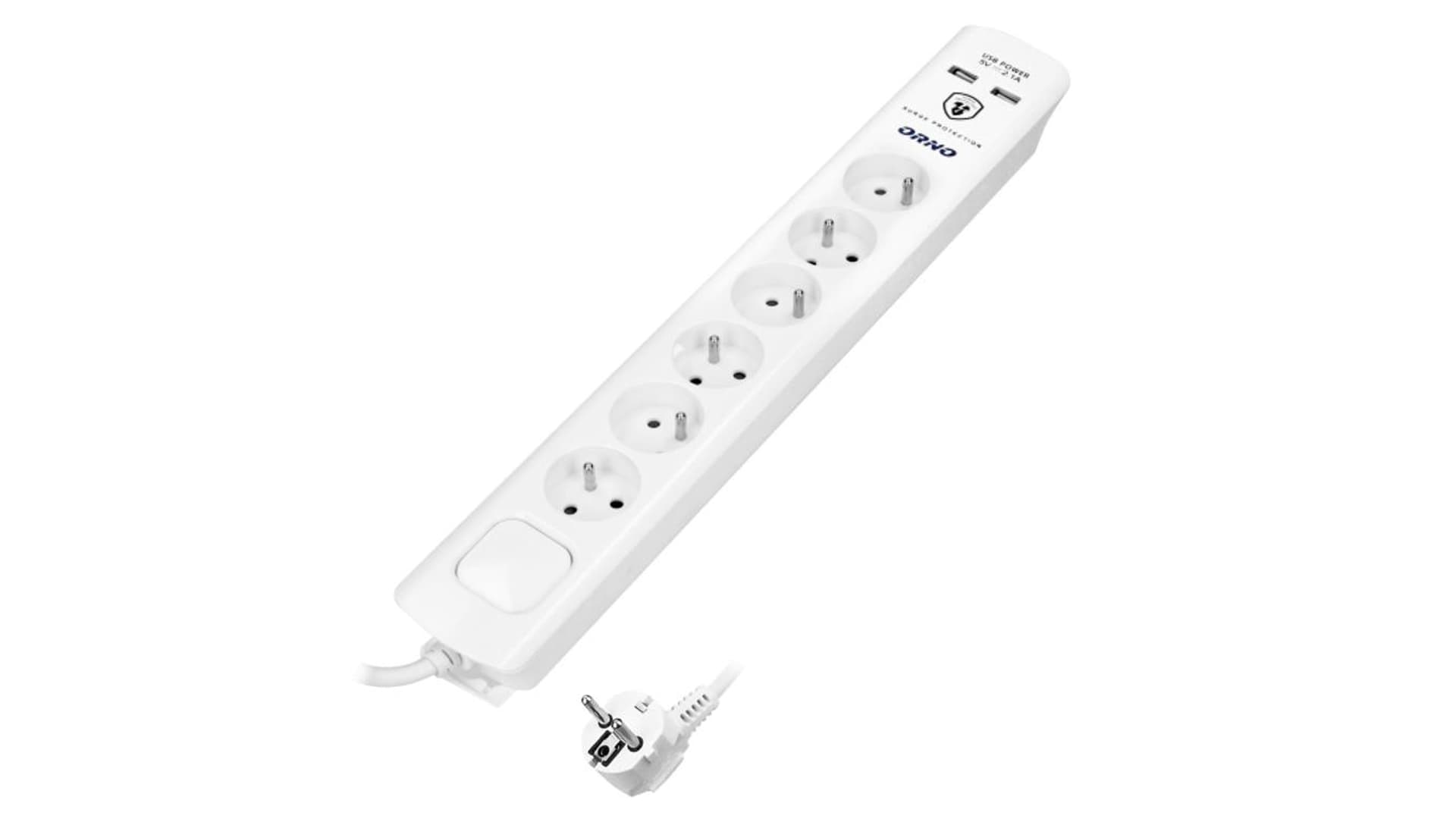 

Listwa przeciwprzepięciowa, 6 gniazd 2P+Z, kabel 3x1,0mm, długość 3m, z wyłącznikiem podświetlanym dwutorowym. 10A/230 VAC, Ochronnik przeciwprzepięciowy Typ 3: Uoc: 4kV (L-N, L/NPE); Up: 2,2kV(L-N,L/N-PE); 375J. Ładowarka 2xUSB 2,1A, L-n/l/n-pe);375j. ł