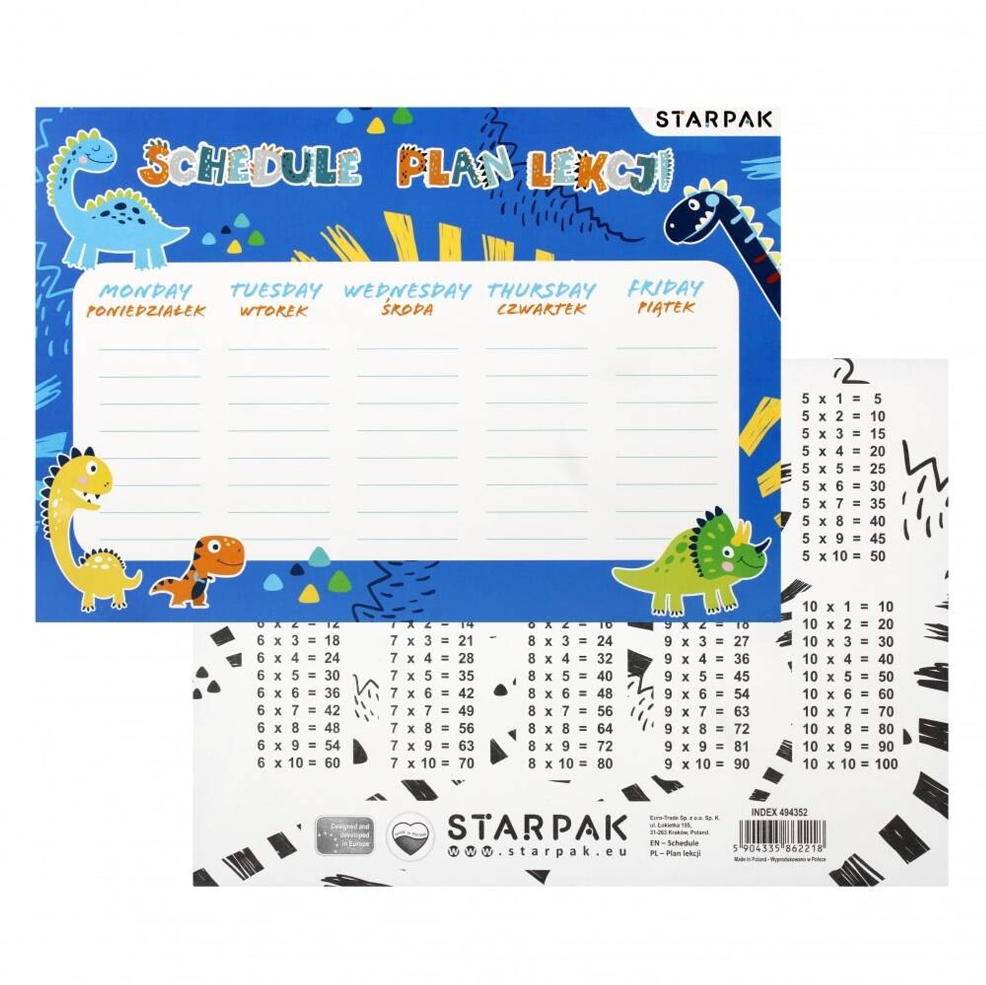 

Plan lekcji z tabliczką mnożenia A5 Dino STARPAK 494352