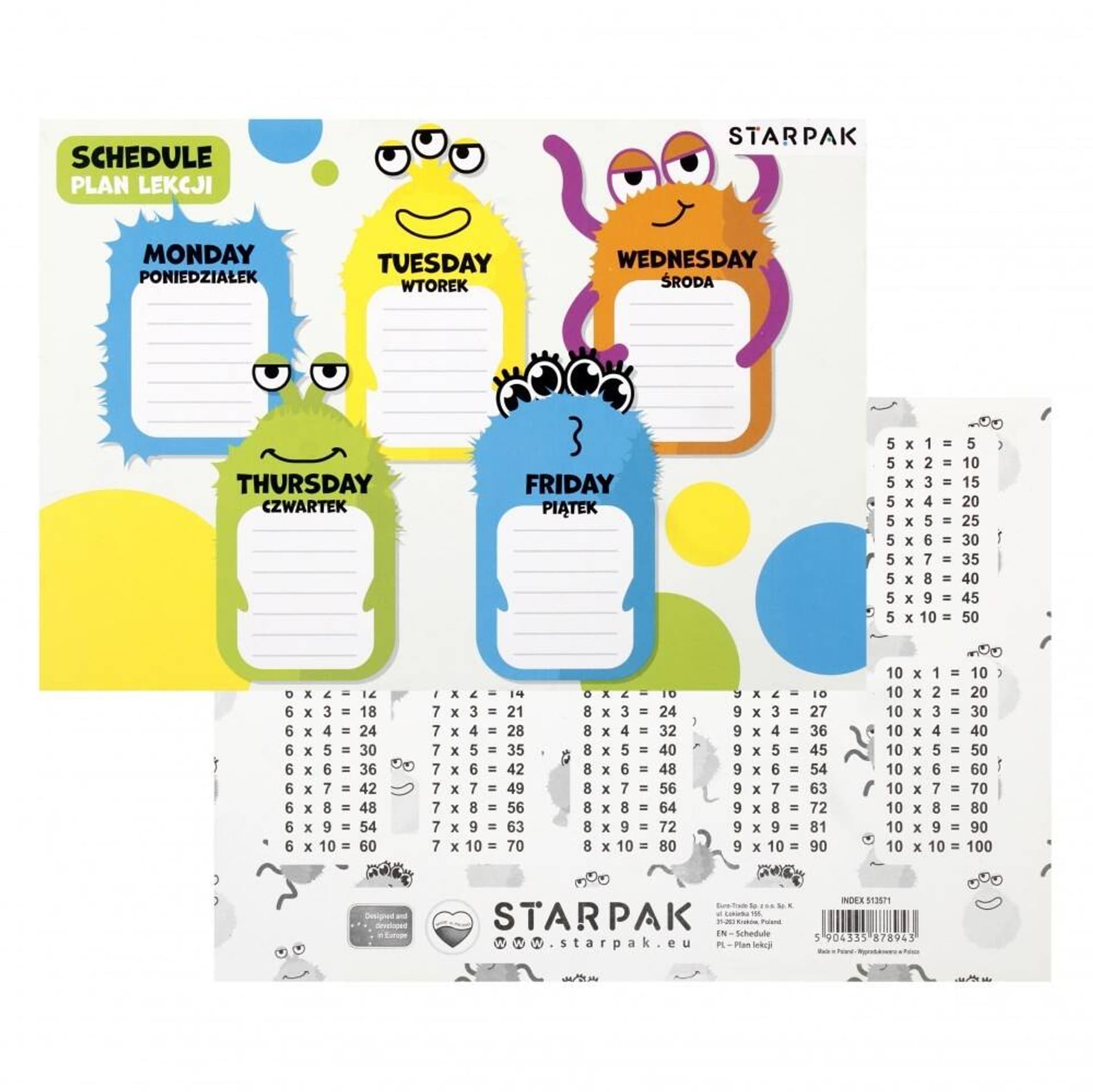 

Plan lekcji z tabliczką mnożenia A5 Monster STARPAK 513571