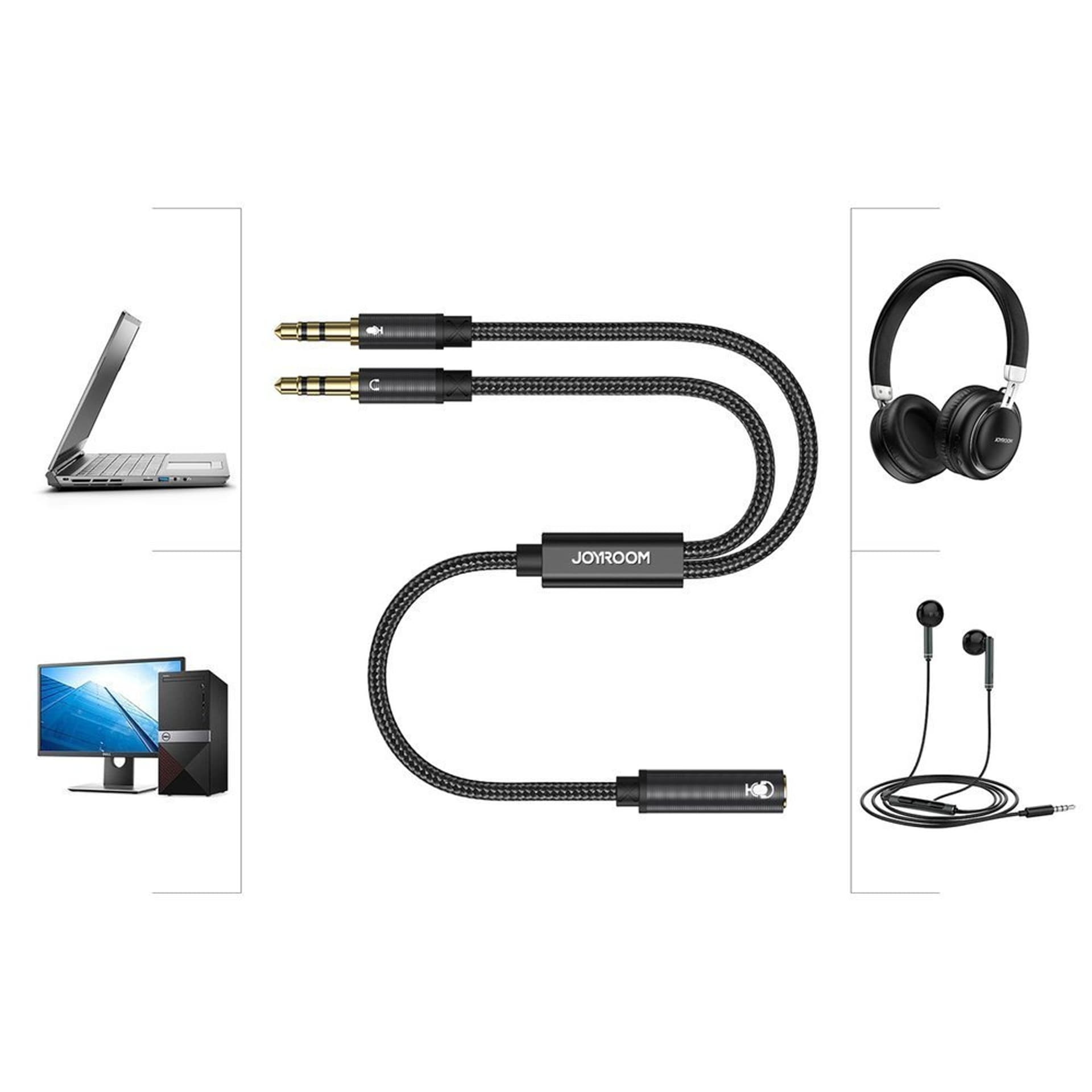 

Joyroom kabel rozdzielacz AUX 3,5 mm mini jack (żeński) - 2x 3,5 mm mini jack (męski - mikrofon i słuchawki) 0,2m czarny (SY-A05)