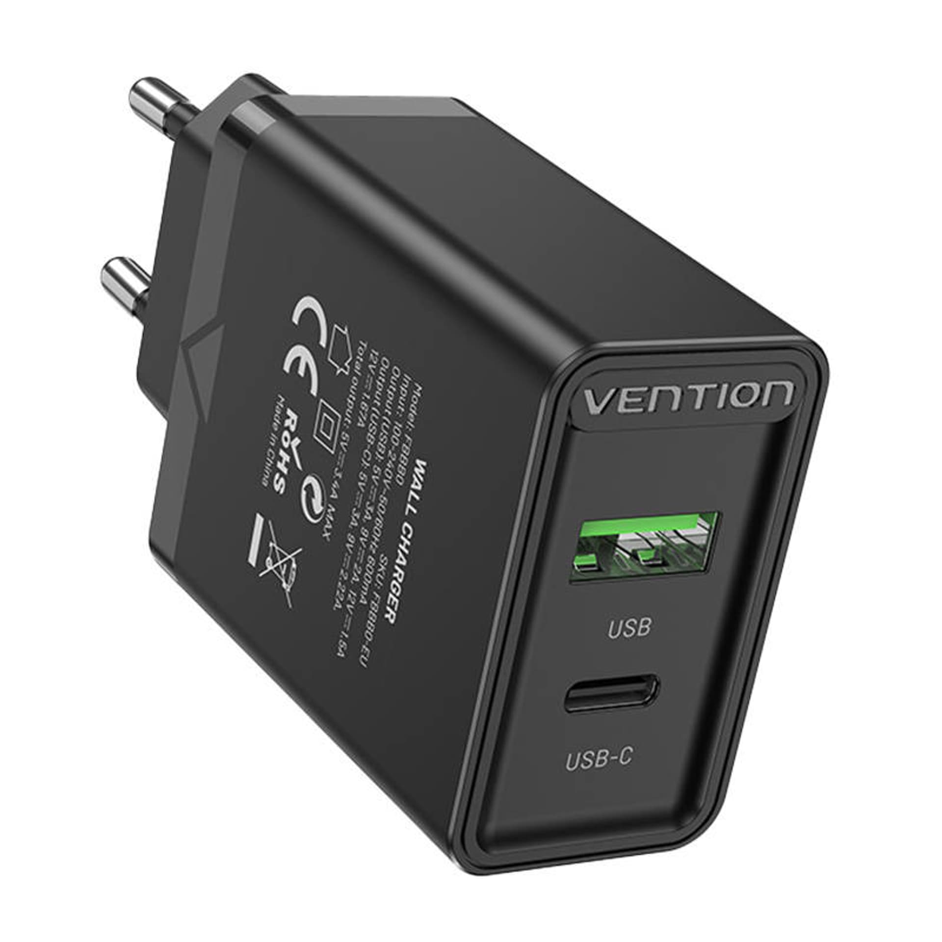 

Ładowarka sieciowa EU USB-A (18W) USB-C (20W) Vention FBBB0-EU, 2.4A, PD3.0 (czarna)