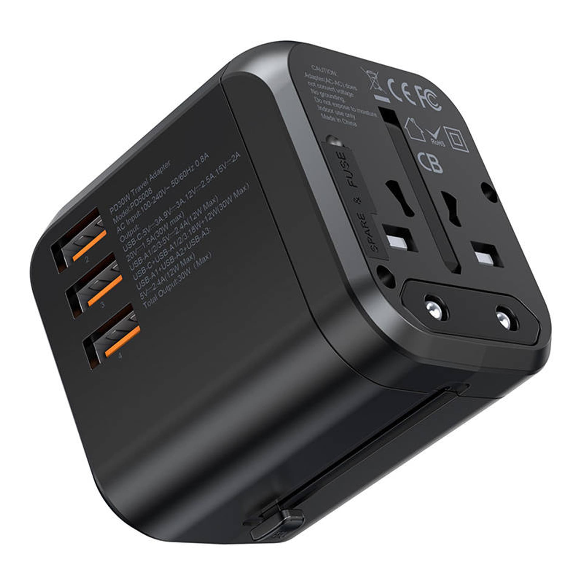 

Ładowarka sieciowa podróżna Choetech PD5008, 3xUSB-A, 1xUSB-C, GaN, 30W, US/EU/UK/AU (czarna)