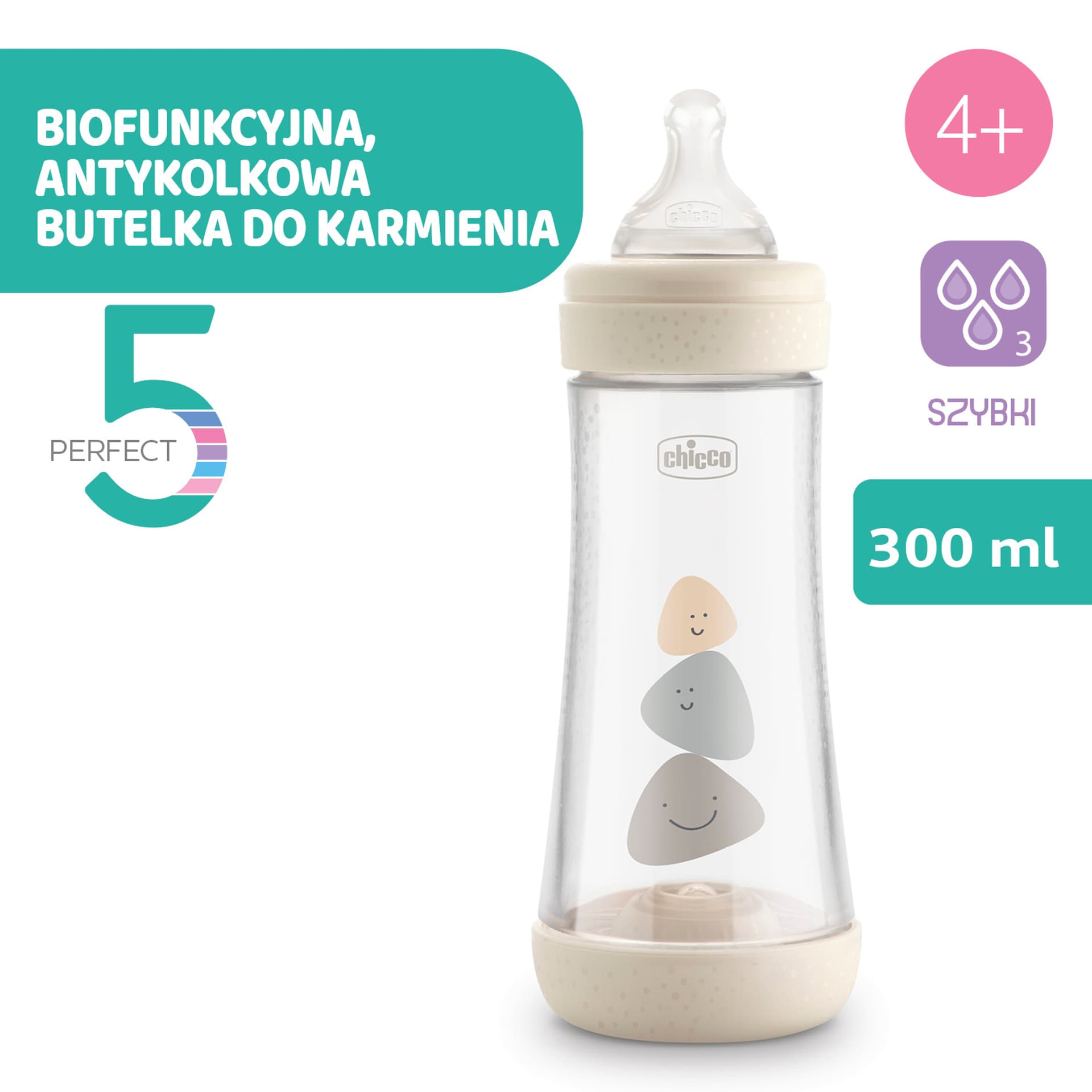 

CHICCO PERFECT 5 300 ML 4M+ NEUTRAL Butelka antykolkowa, smoczek silikonowy, przepływ szybki