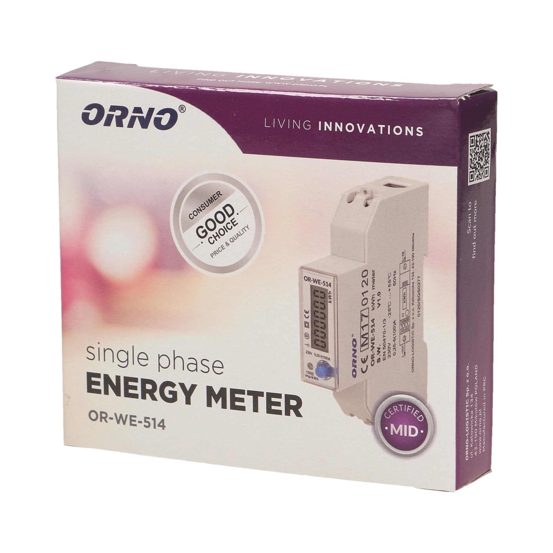 

1-fazowy licznik energii elektrycznej, 100A, port RS-485, MID, 1 moduł, DIN TH-35mm