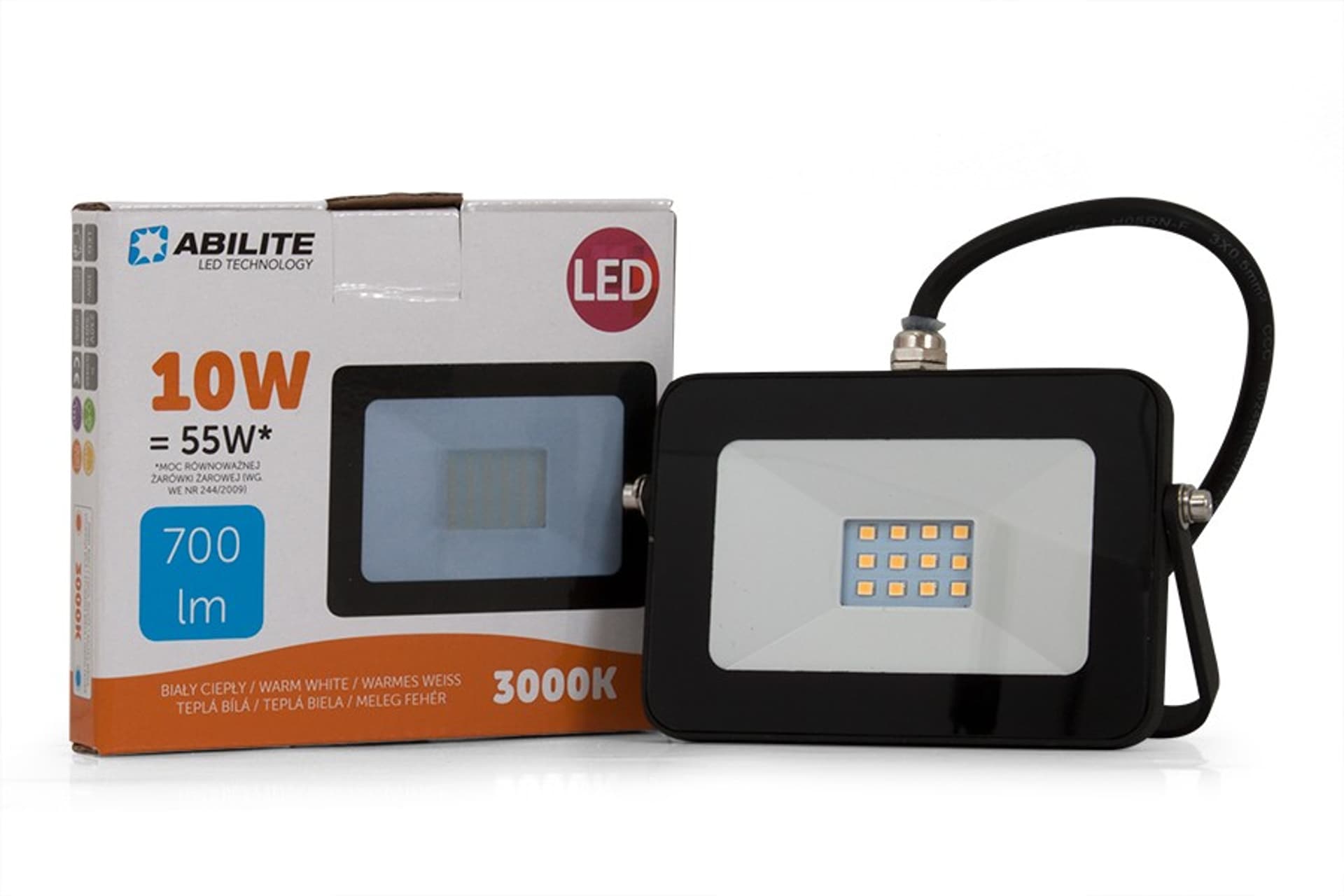 

NAŚWIETLACZ LED ABILITE B.CIEPŁA 10W/230V 700LM 120° MATRIX IP65 OBUD. PŁASKA CZARNA N