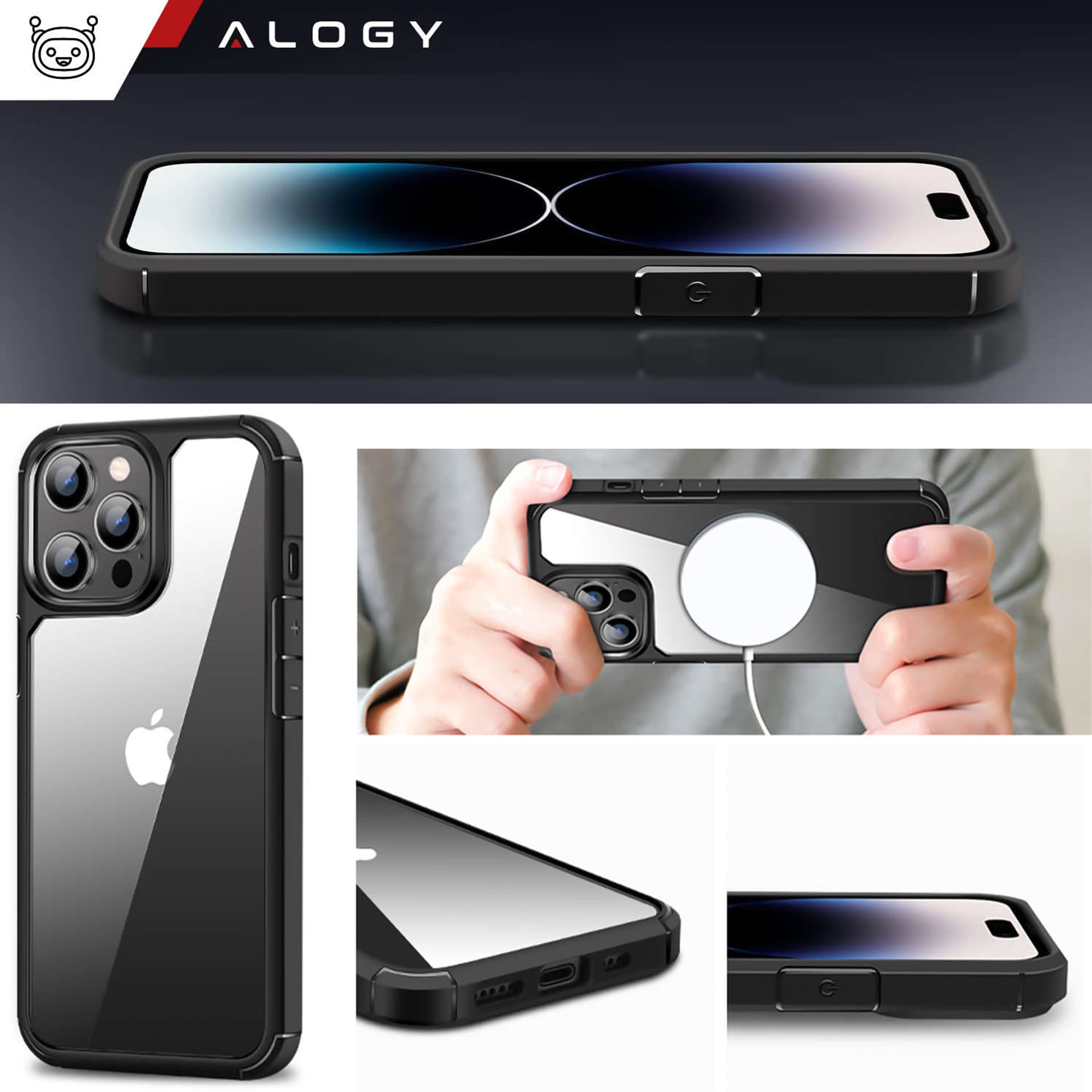 

Etui Case do iPhone 14 Pro + zestaw 4 szkieł 5w1 pancerne 360 Alogy Hybrid 2x Szkło na ekran +2x obiektyw czarno-przezroczyste