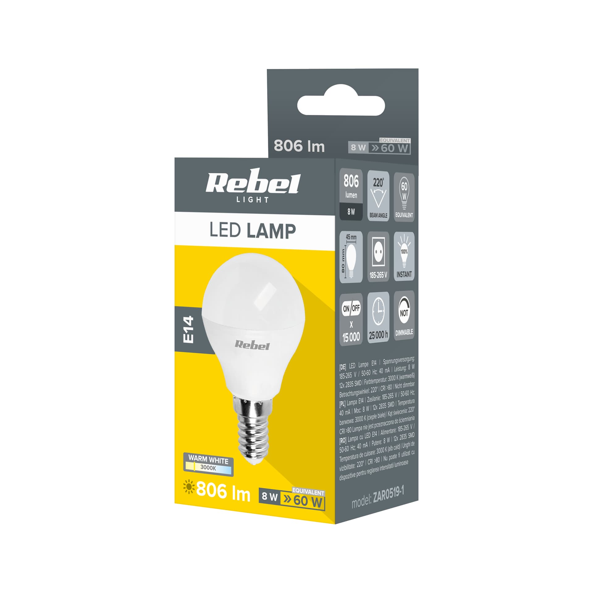 

Lampa Led Rebel G45, 8W, E14, 3000K, 230V