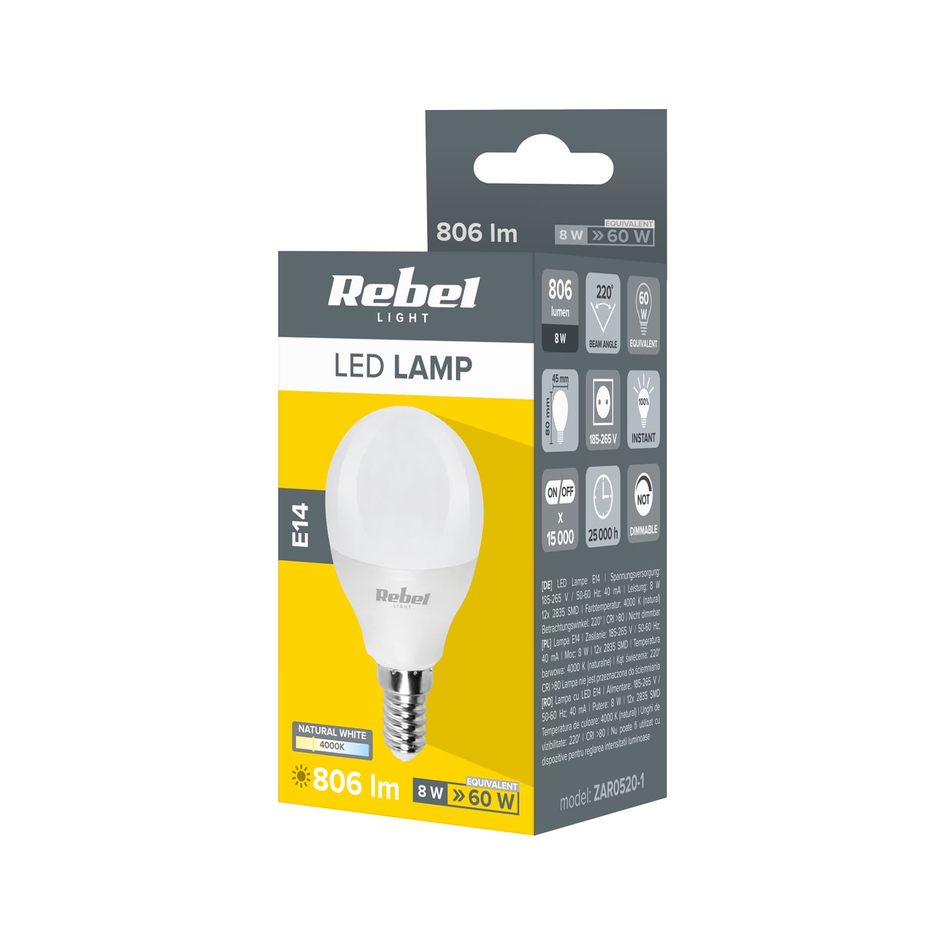 

Lampa Led Rebel G45, 8W, E14 4000K, 230V