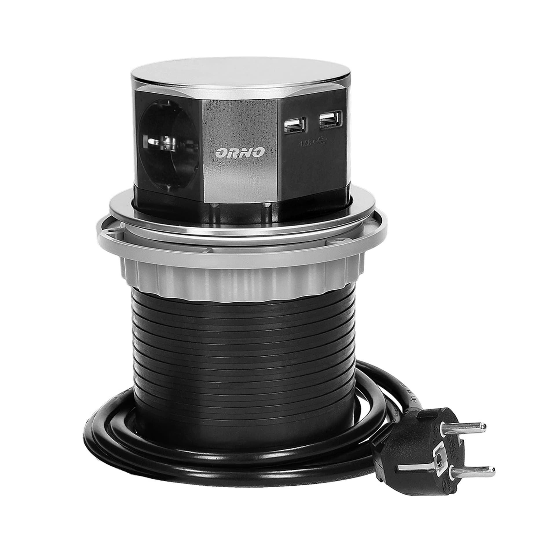 

Gniazdo meblowe 10cm wysuwane z blatu z ładowarką USB i przewodem 1,5m, 3x2P+Z, 2xUSB, INOX, schuko