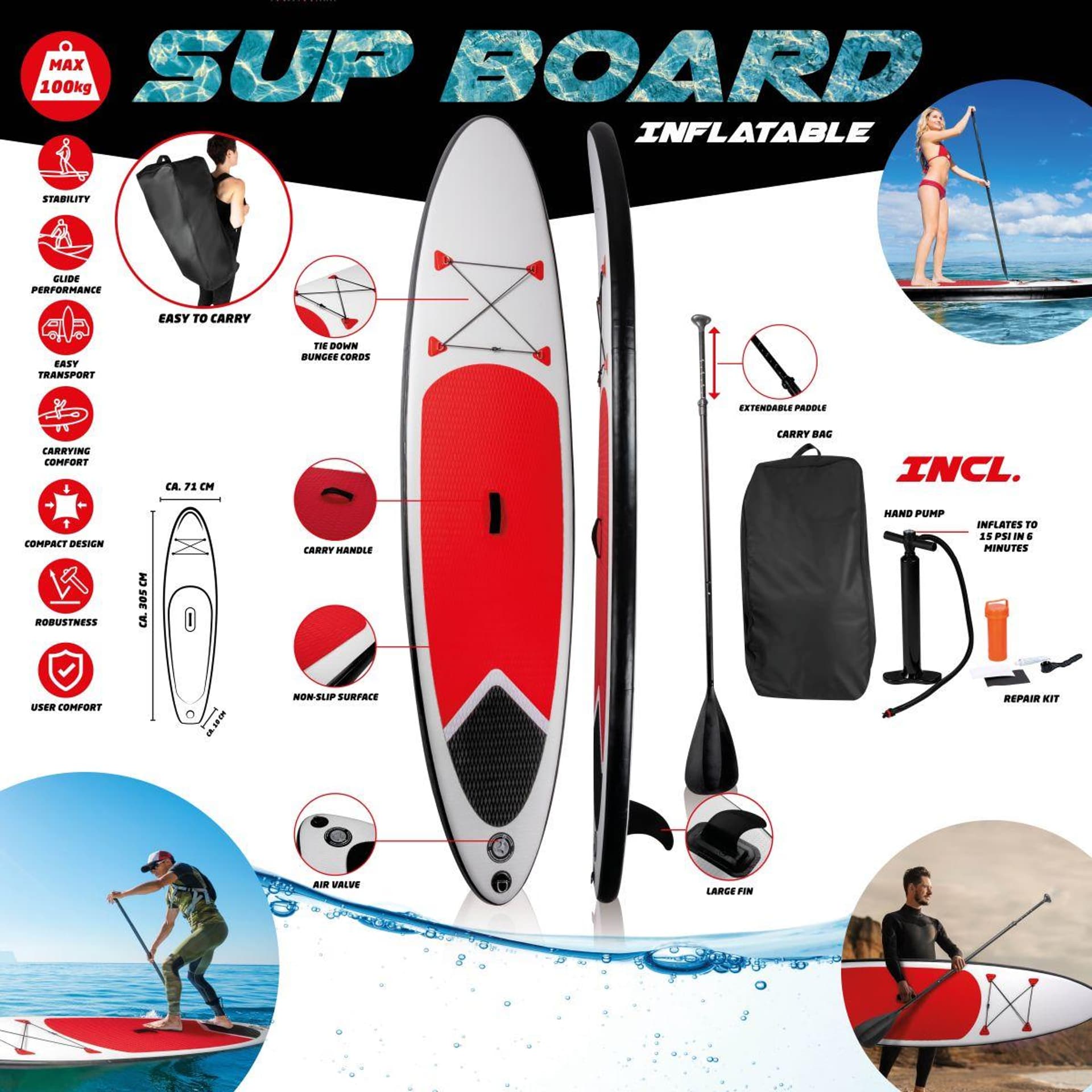 

DESKA SUP 100KG DMUCHANA 305x71x10CM RED SET