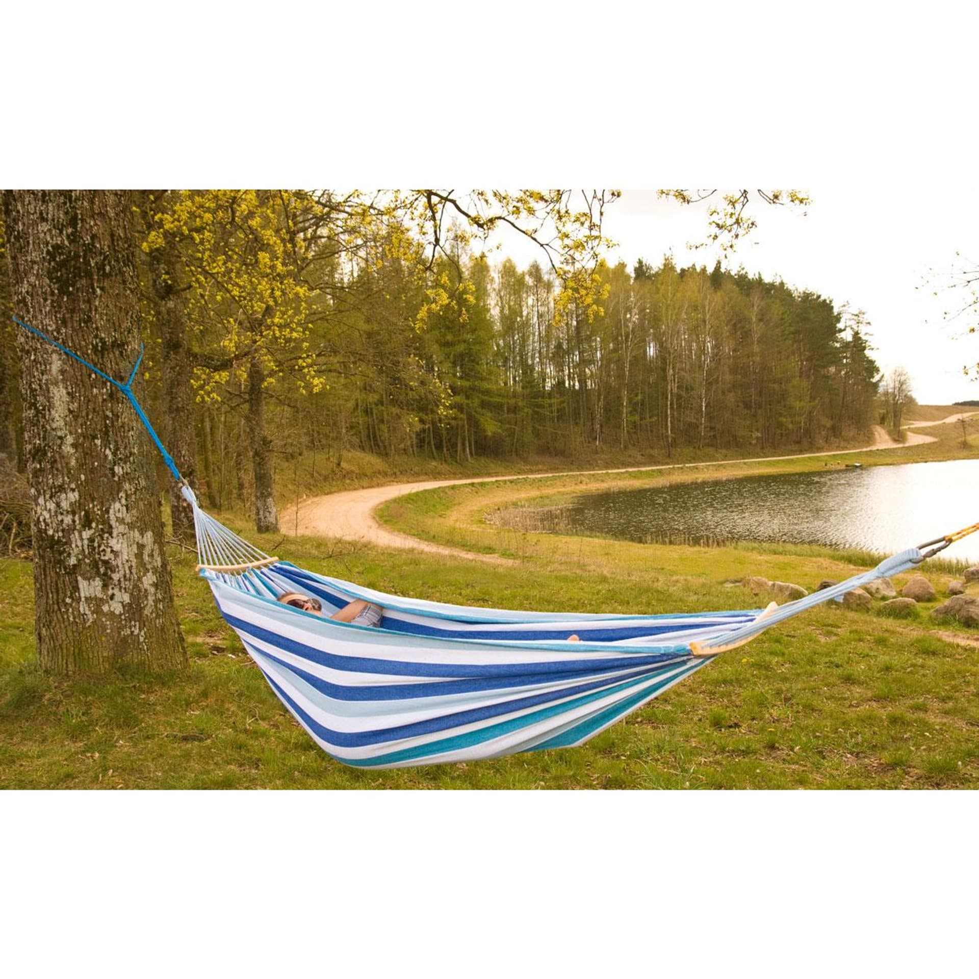

HAMAK OGRODOWY 2 OSOBOWY LUXE XXL 250x150CM Z DRĄŻKIEM NIEBIESKI