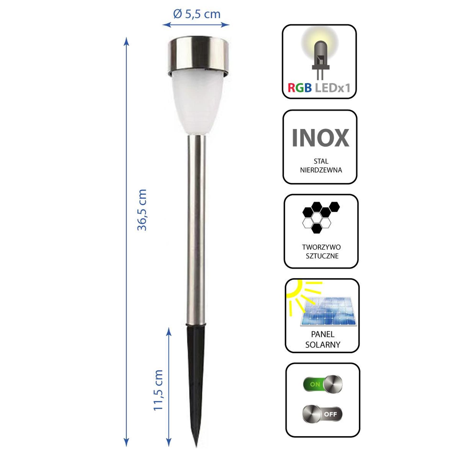 

LAMPA SOLARNA 1 LED RGB 36,5CM INOX